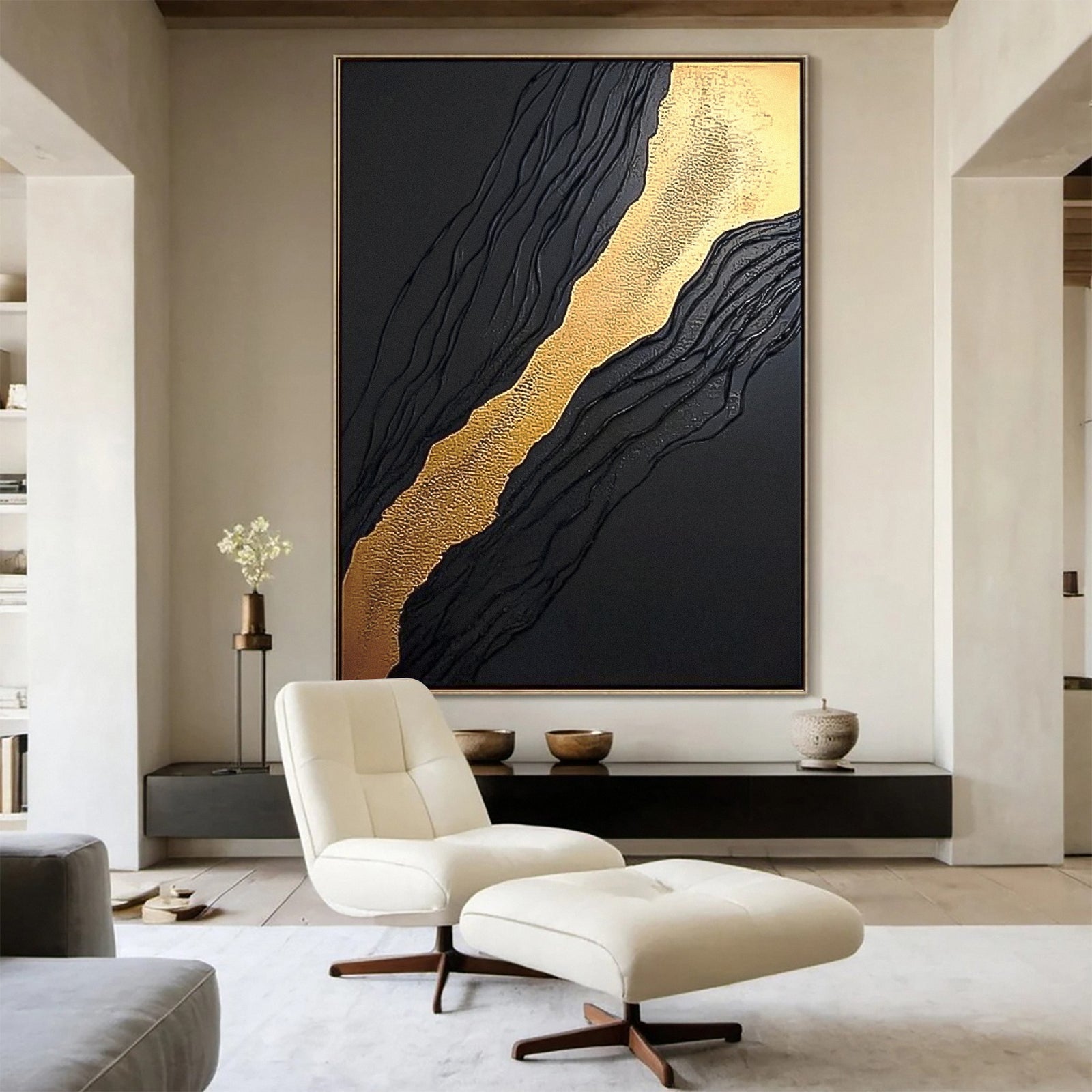 Luxury Textured Wall Art in Black and Gold for Upscale Interior Design