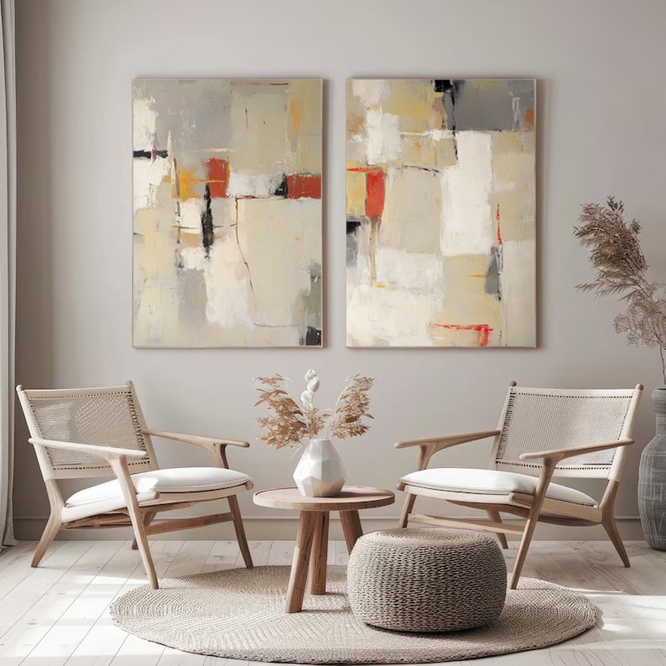 Neutral Palette Abstract Art with Vibrant Accents Canvas Set Of 2 #BBA 087