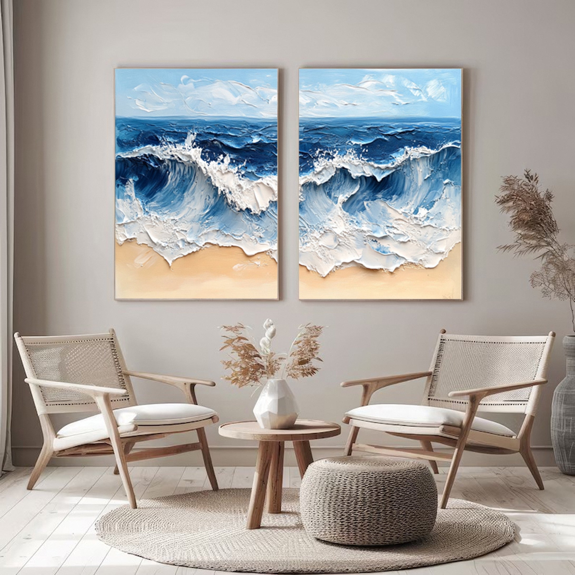 Modern Maritime Canvas Luxurious Textured Ocean Waves Art Set Of 2 #BBS 029