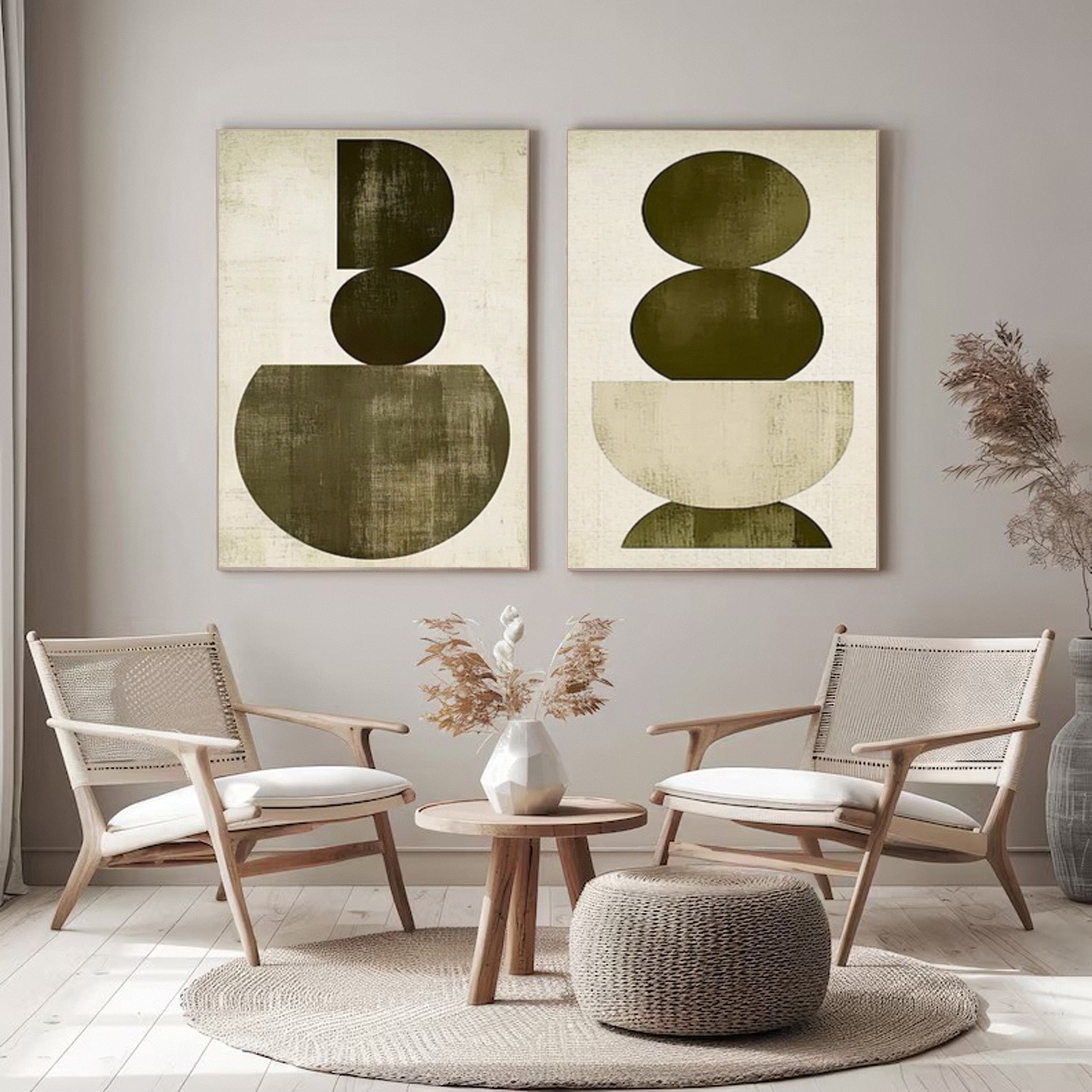 Large Wabi Sabi Geometric Abstract Canvas Art Set Of 2 #WS 051