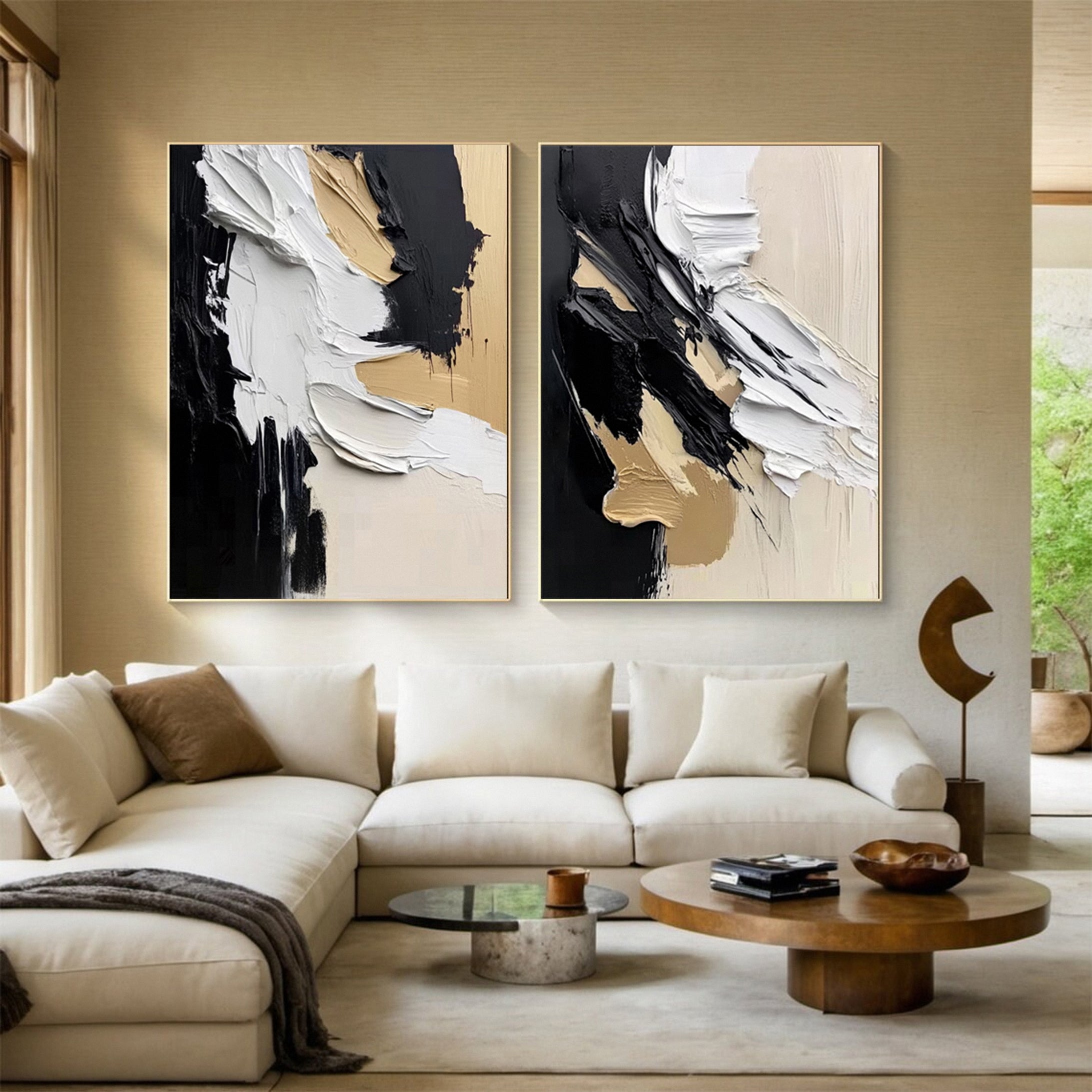 Modern Art Canvas Bold Textures and Metallic Gold Accents Set Of 2 #BBS 027