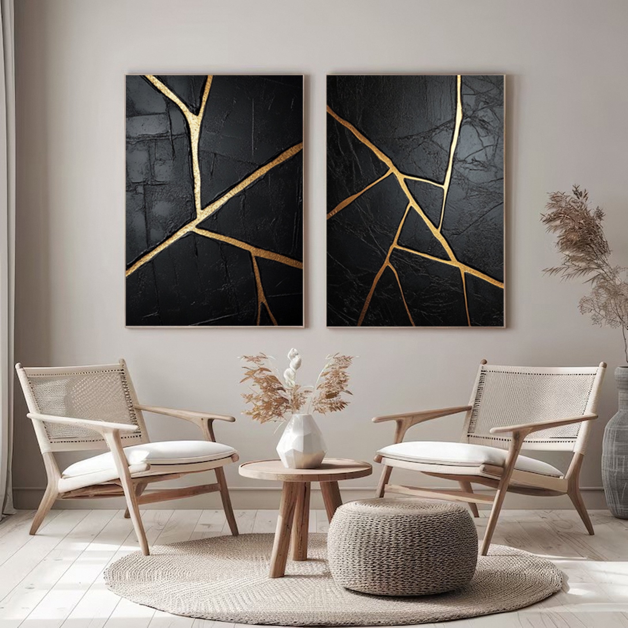 Luxury Textured Wall Art in Black and Gold for Upscale Interior Design Set Of 2 #BMS 008