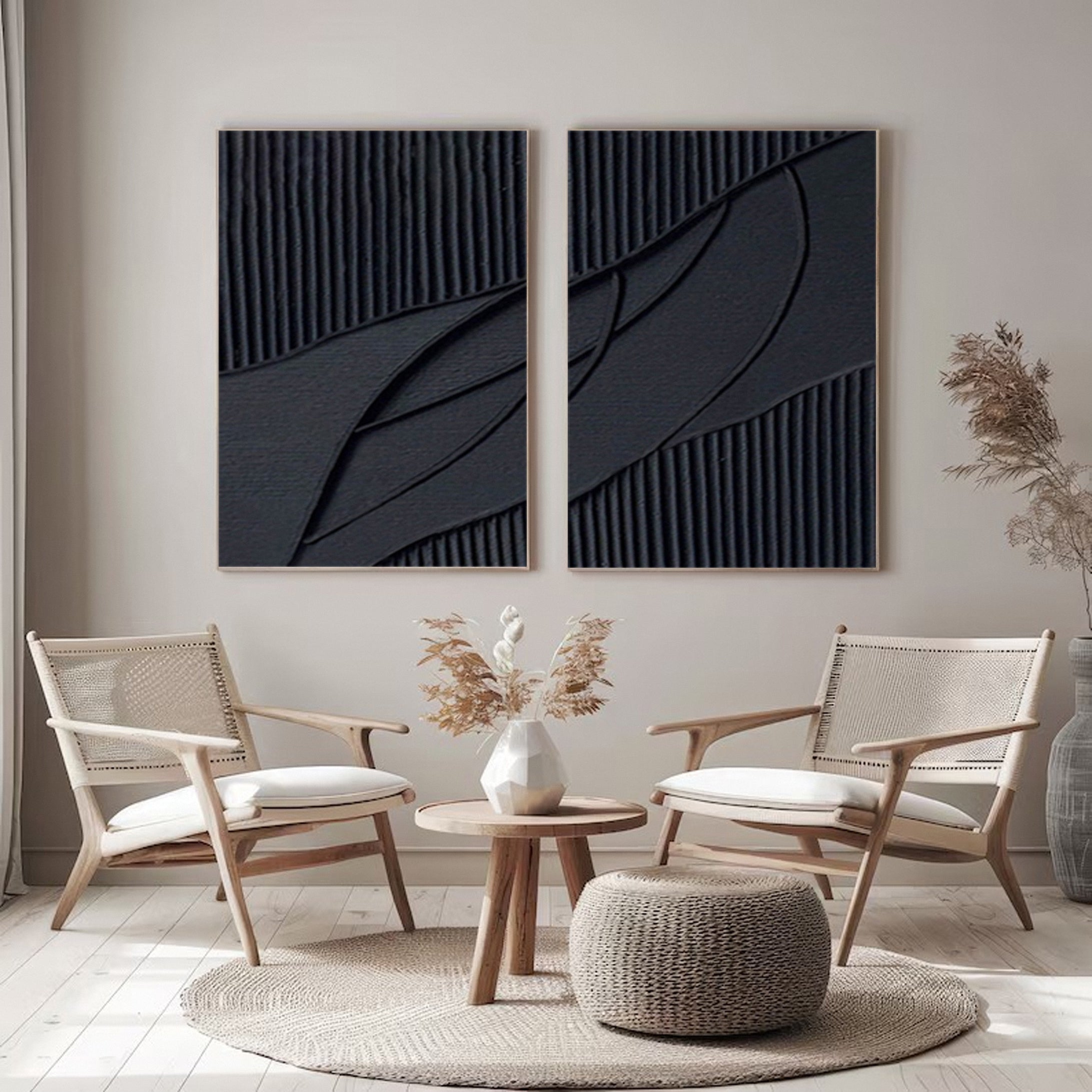 Monochrome Elegance Textured Black Abstract Wall Art Set Of 2 #BMS 009