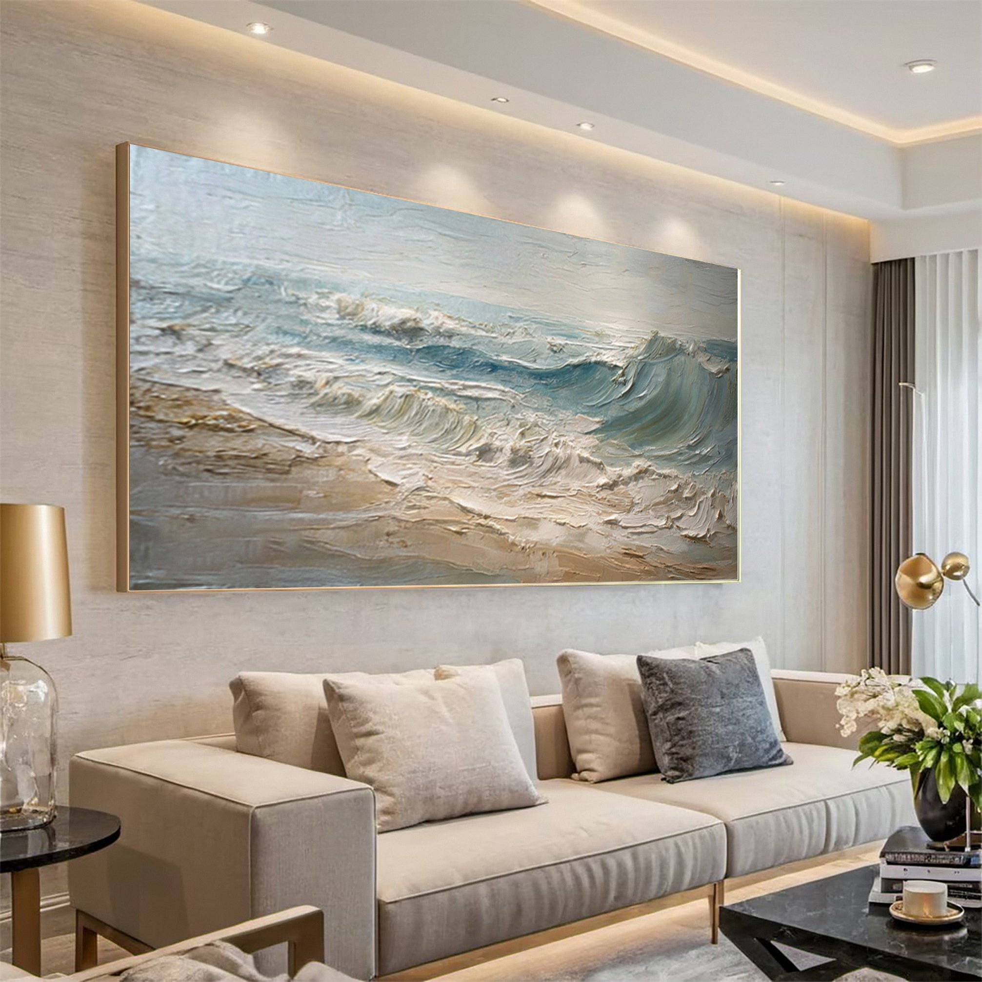 Textured Seascape Painting Blue White Sand Modern #WG 039