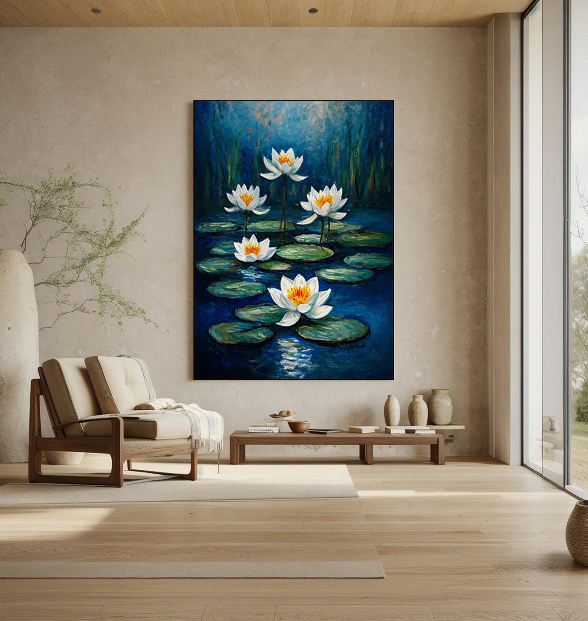 Contemporary Painting of Luminous White Lilies Under Moonlight #BGA 362