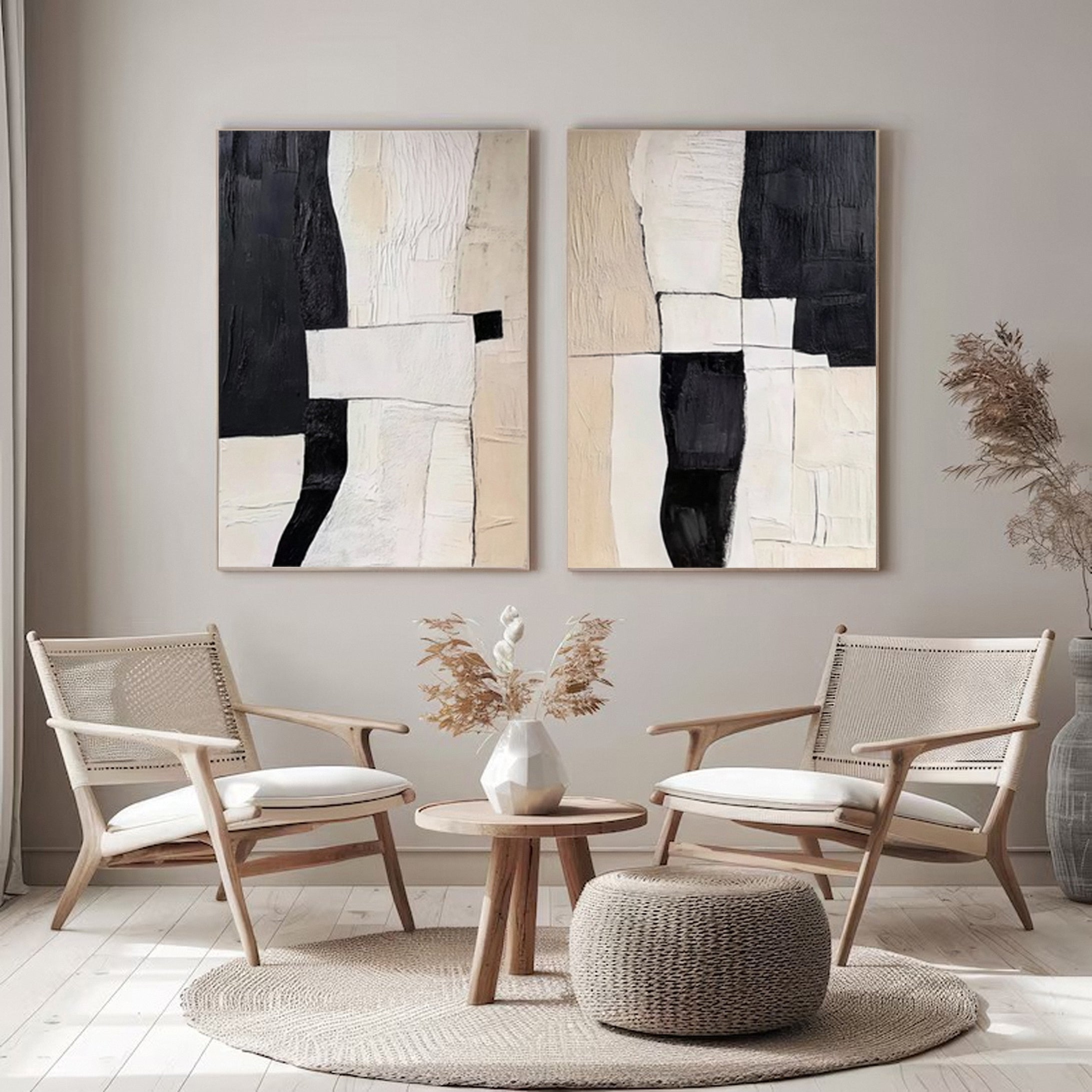 Modern Contrast Black & White Abstract Wall Art Set Of 2 #BWA 019