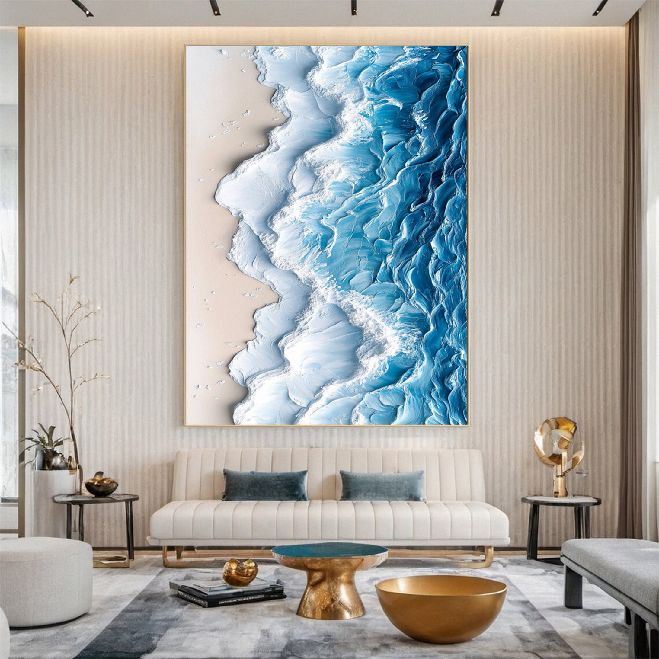 Large Textured Ocean Wave Artwork for Sophisticated Interior Design #OP 029