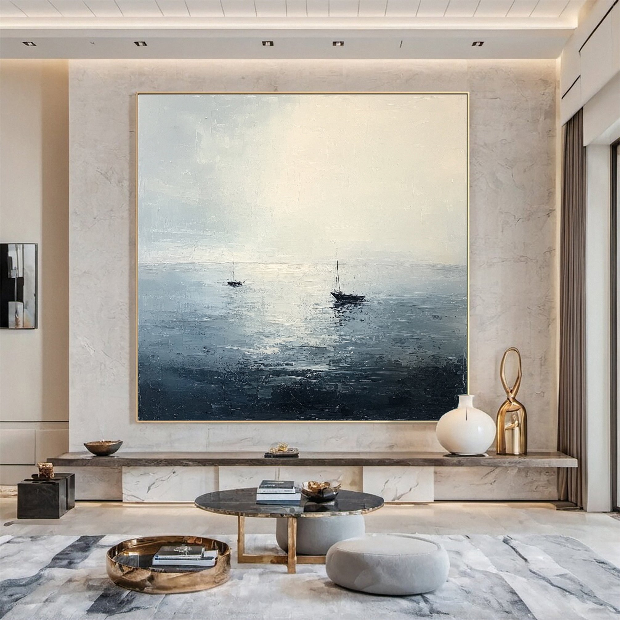 Peaceful Escape Serene Ocean with Distant Boats Canvas Art #OP 050