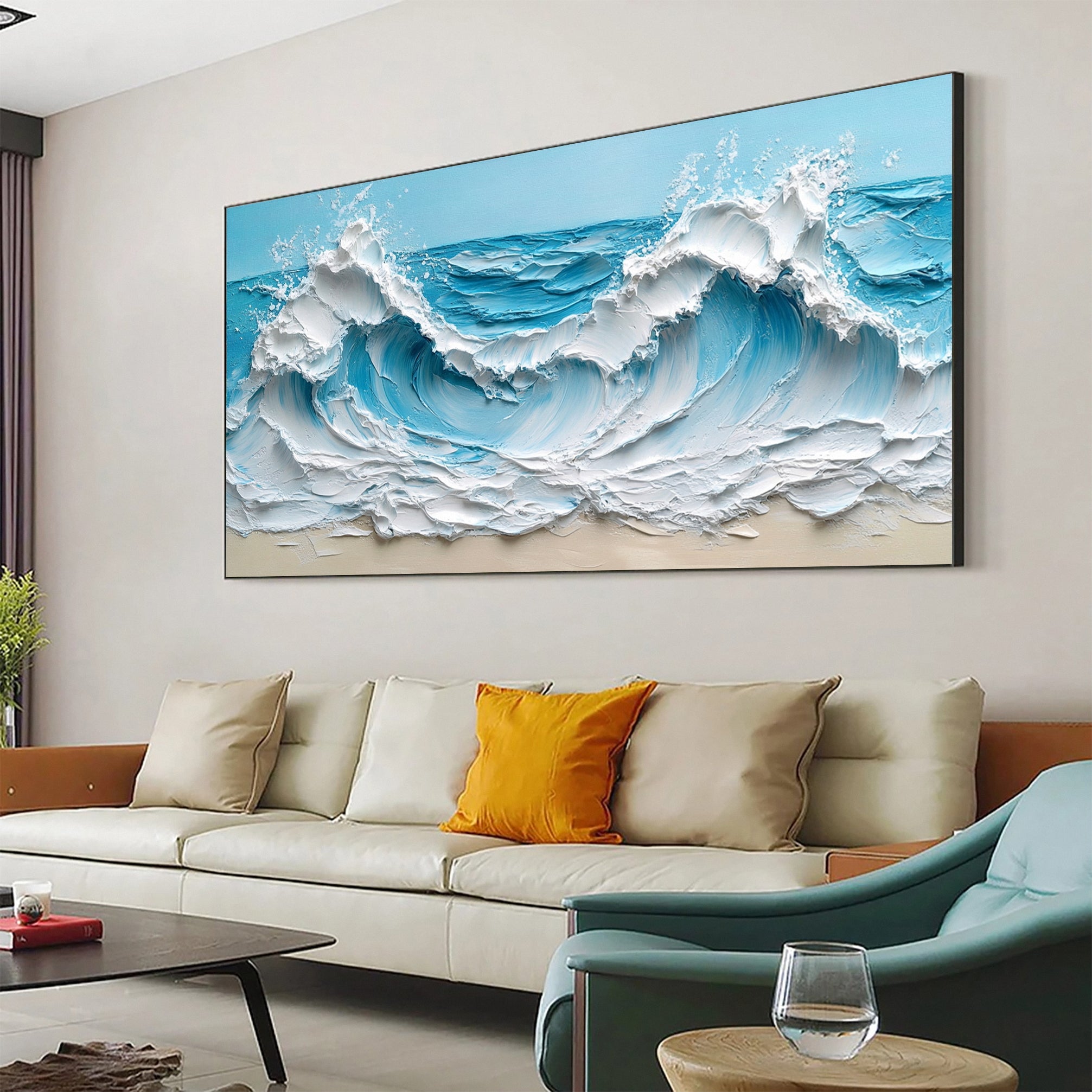 Coastal Serenity Textured Ocean Waves Oil Painting for Living Room #OP 005