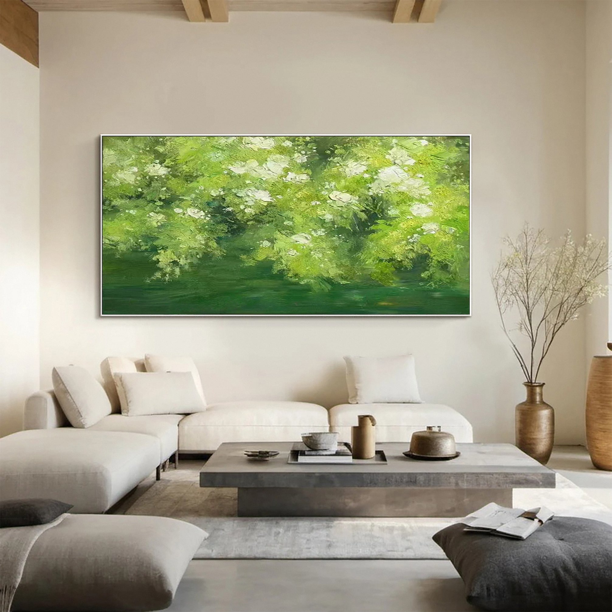 Impressionistic Landscape with White Blossoms Over Water #BGA 356