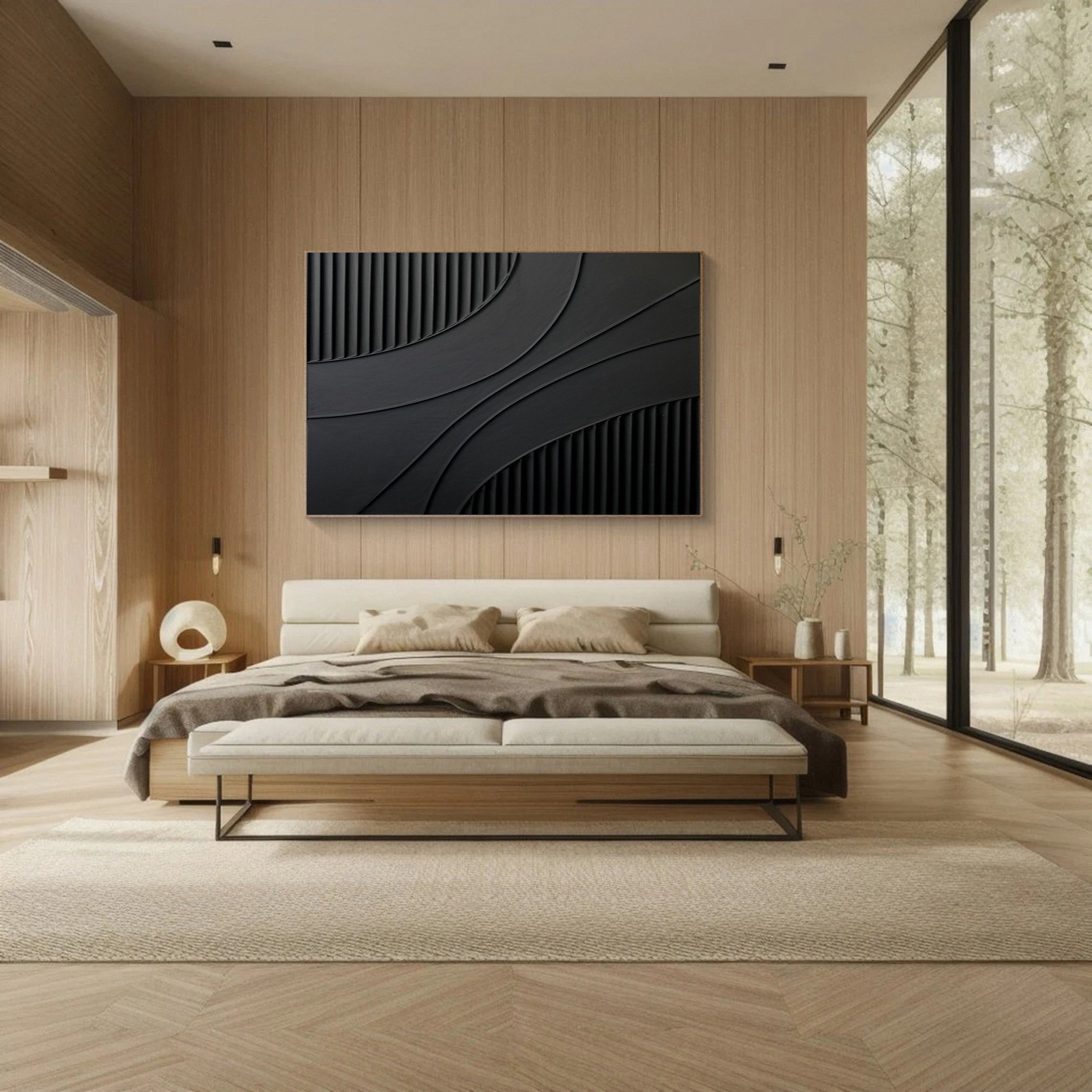 Black Abstract with Vertical Striations and Overlapping Curves #BGA 331