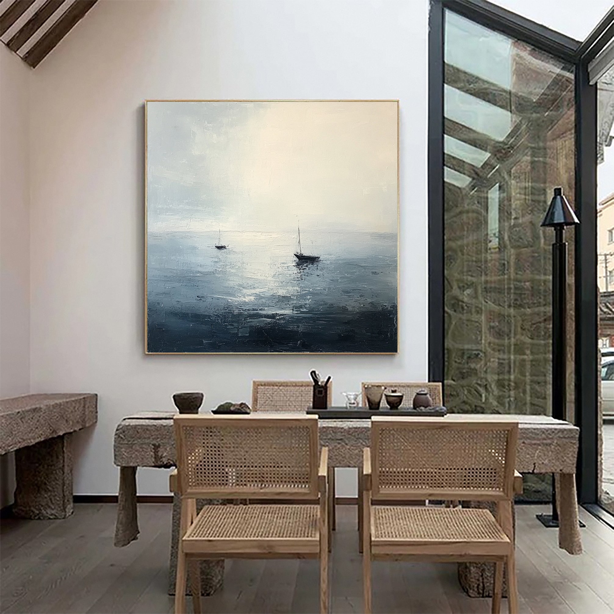 Peaceful Escape Serene Ocean with Distant Boats Canvas Art #OP 050