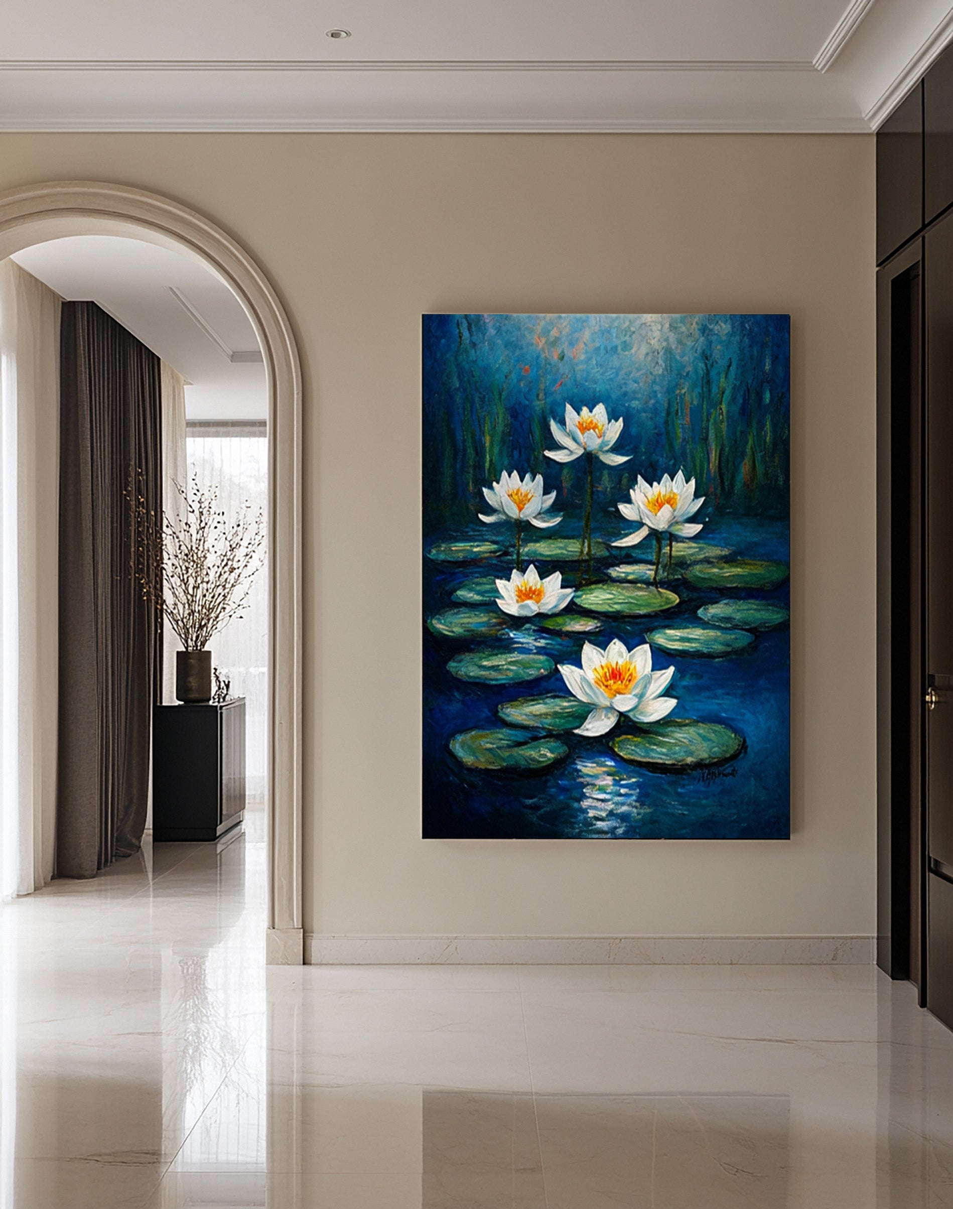 Contemporary Painting of Luminous White Lilies Under Moonlight #BGA 362