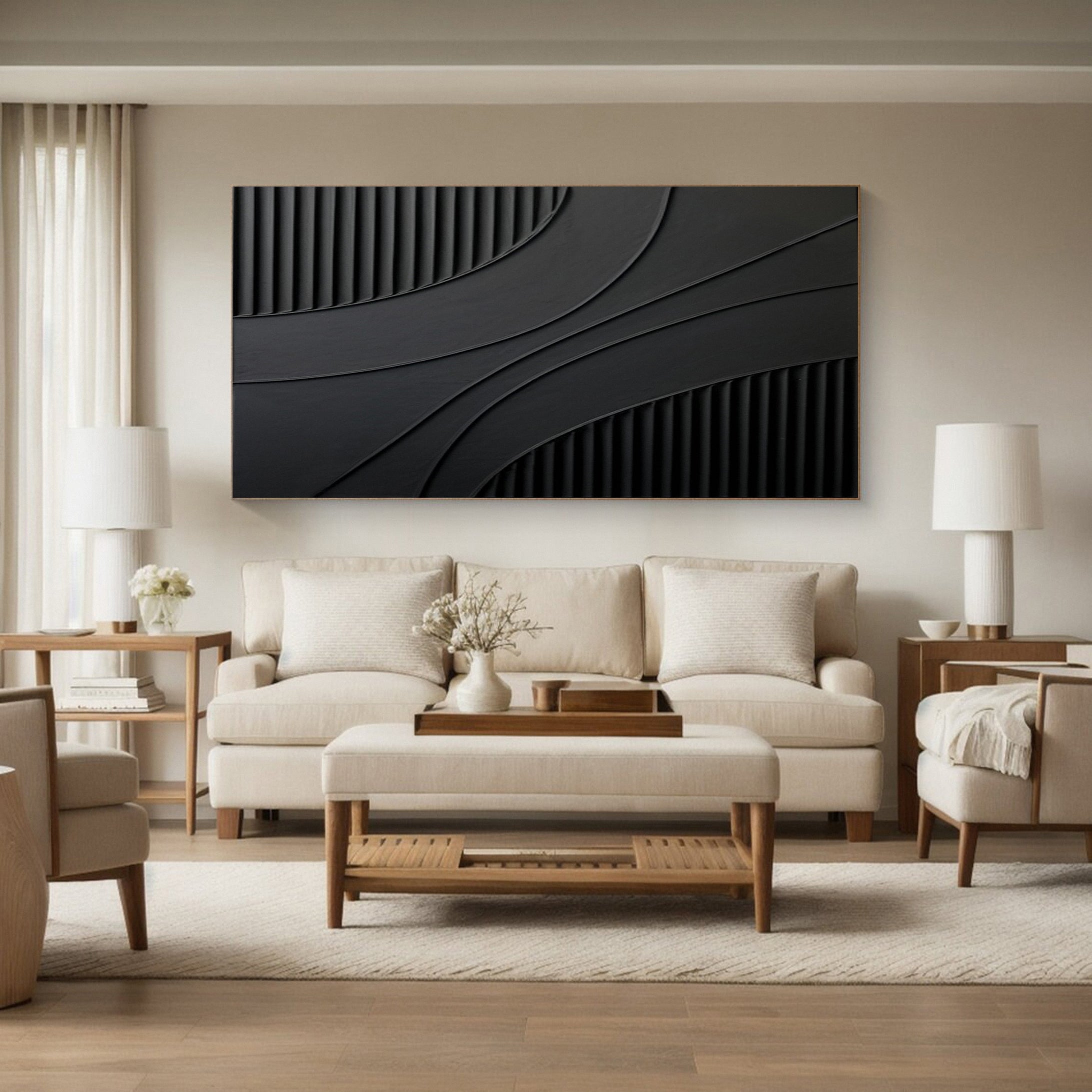 Black Abstract with Vertical Striations and Overlapping Curves #BGA 331