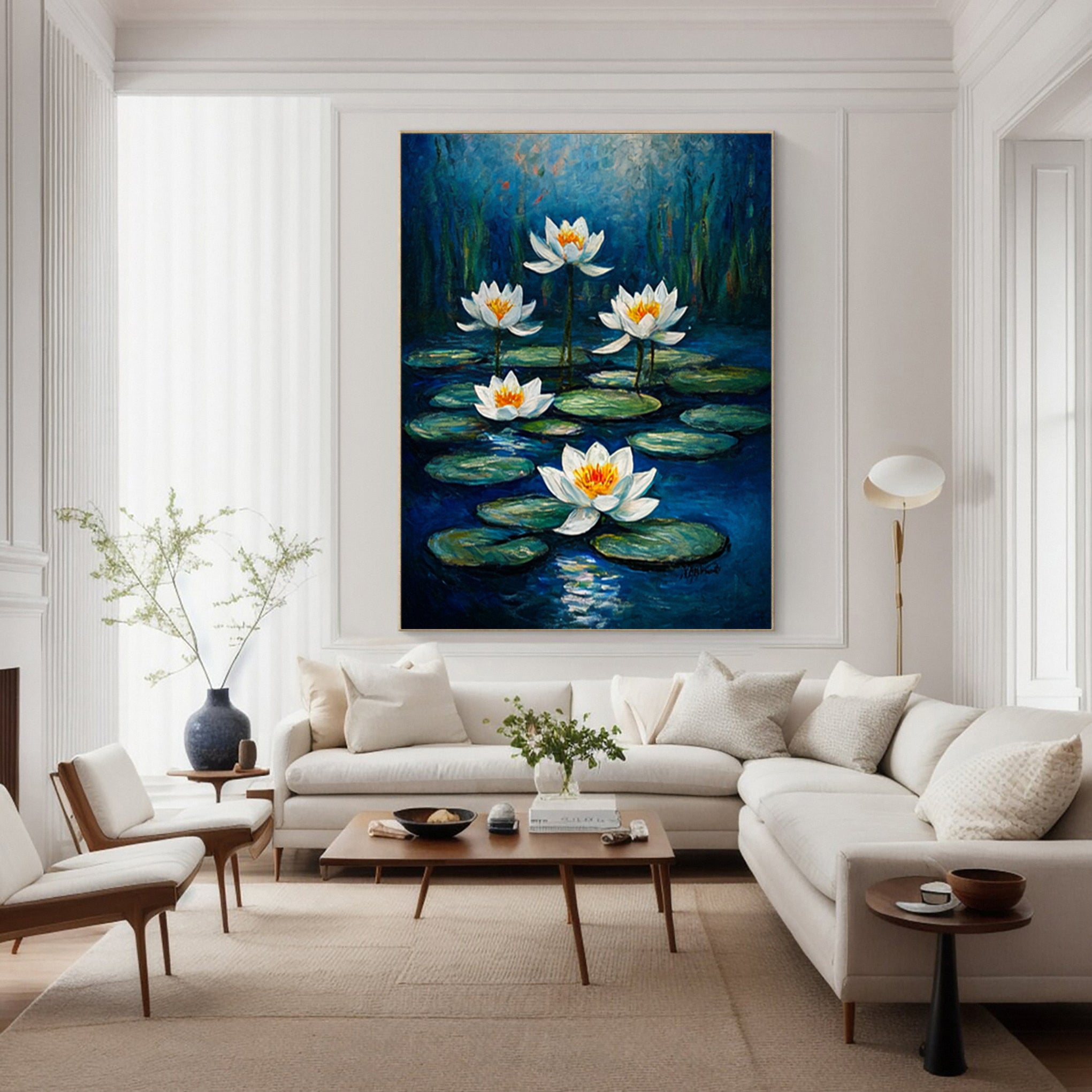 Contemporary Painting of Luminous White Lilies Under Moonlight #BGA 362