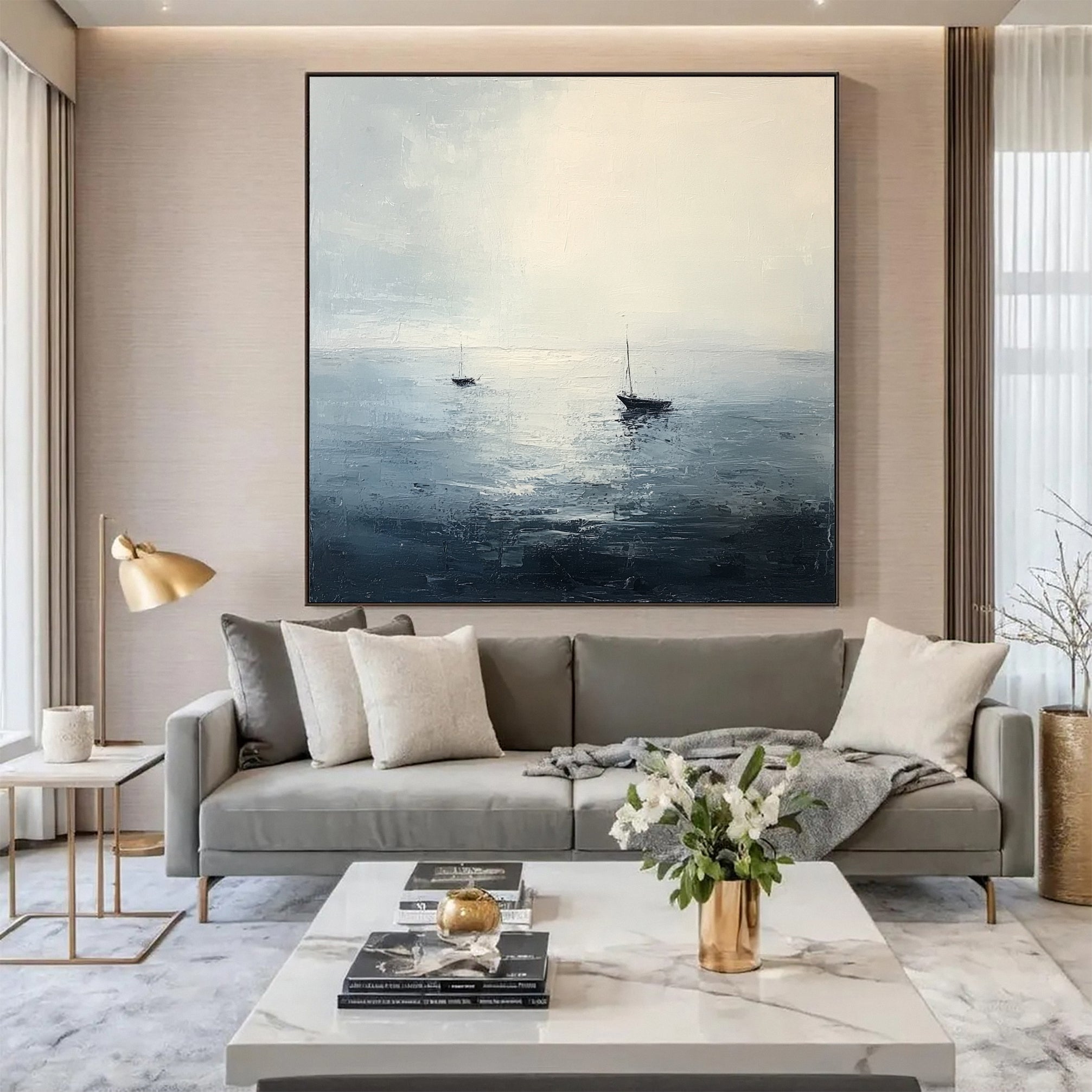 Peaceful Escape Serene Ocean with Distant Boats Canvas Art #OP 050