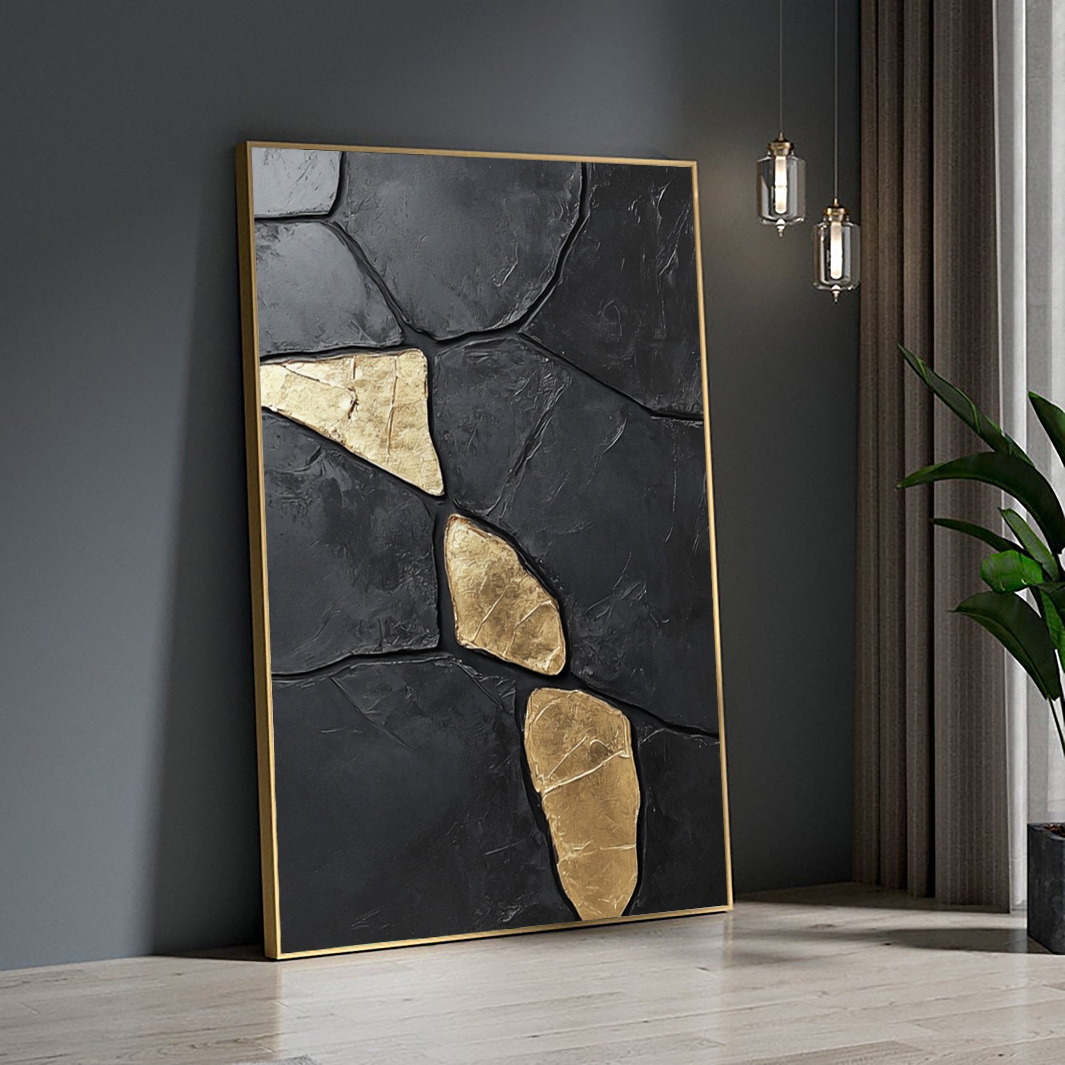 Luxury Textured Wall Art in Black and Gold for Upscale Interior Design #BM 094