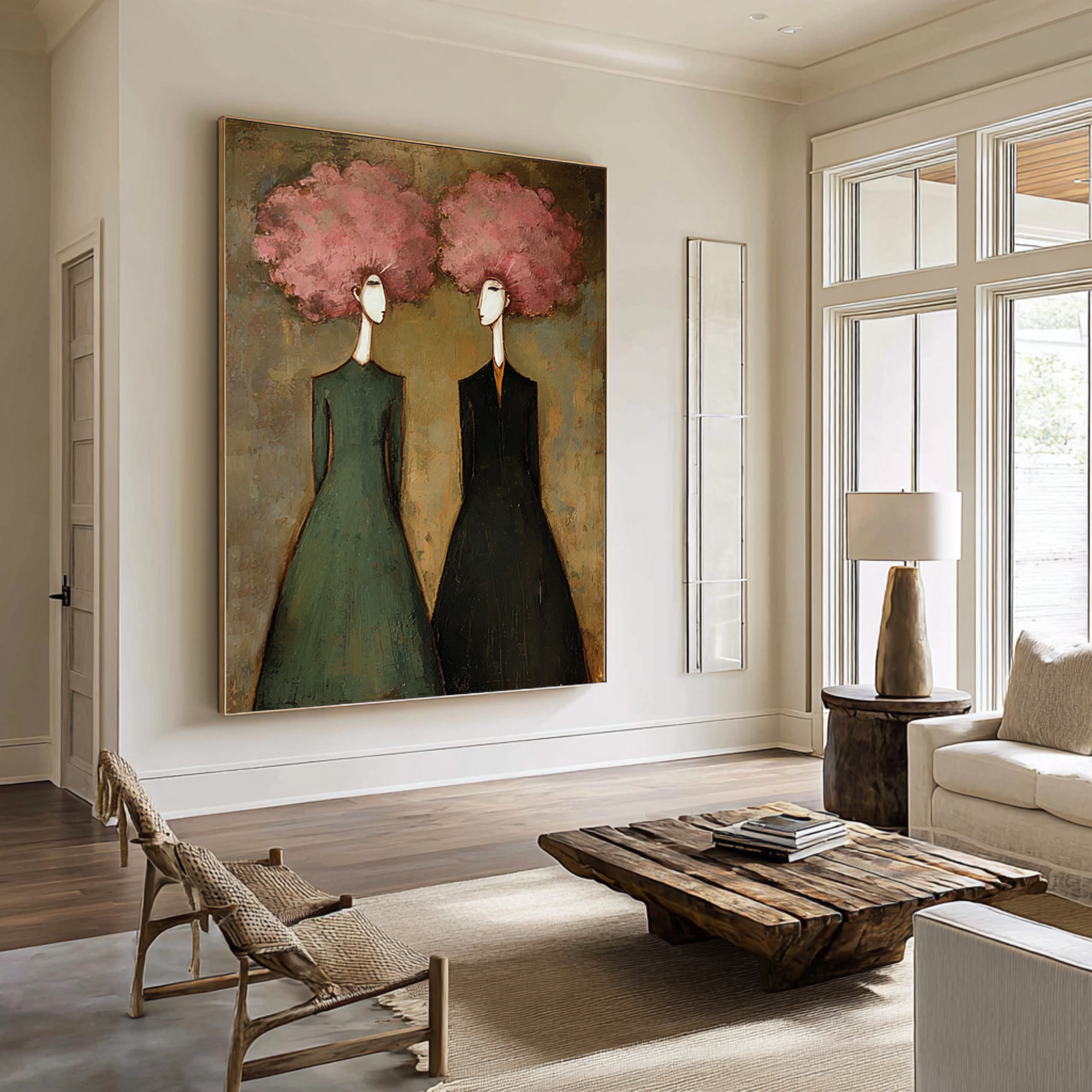 Large Abstract Pink Portrait Oil Painting – Green and Black Modern Wall Art Decor #WAC 044