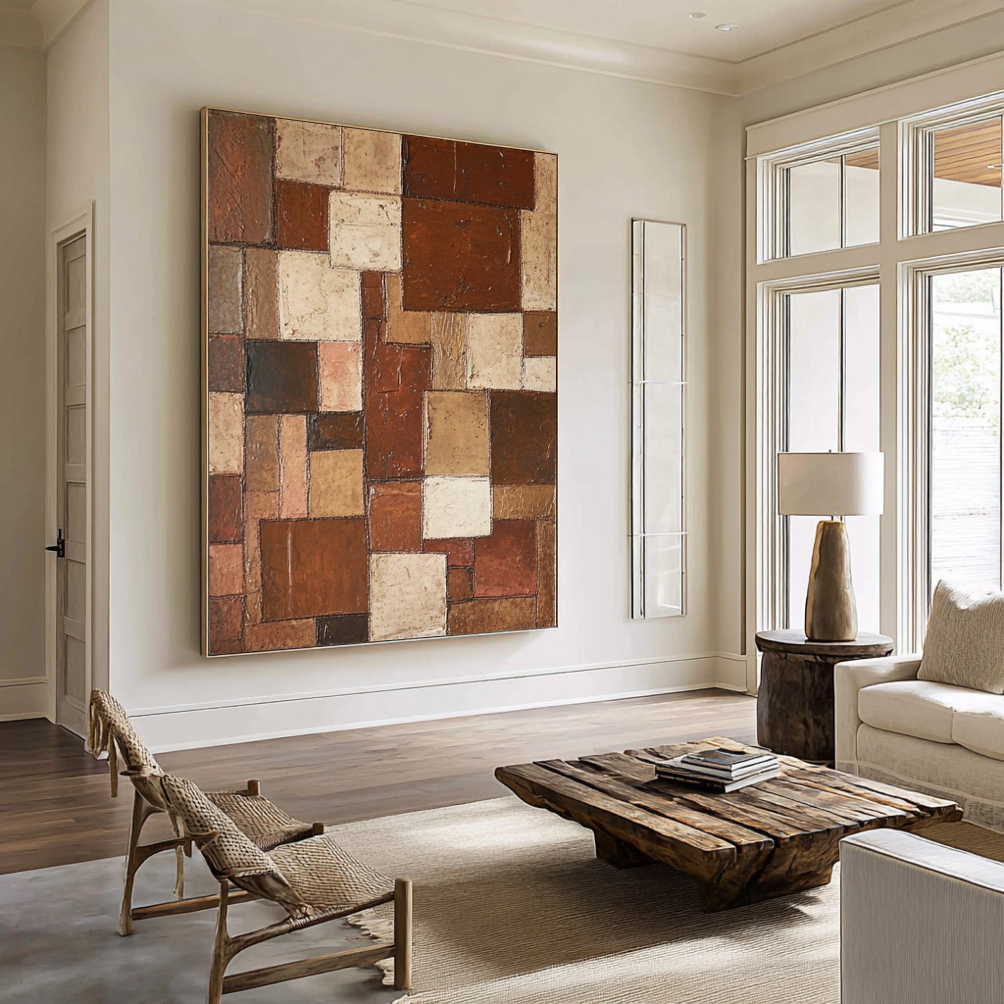 Large Geometric Abstract Oil Painting in Earth Tones, Vertical Contemporary Wall Art for Entryway #WAC 003