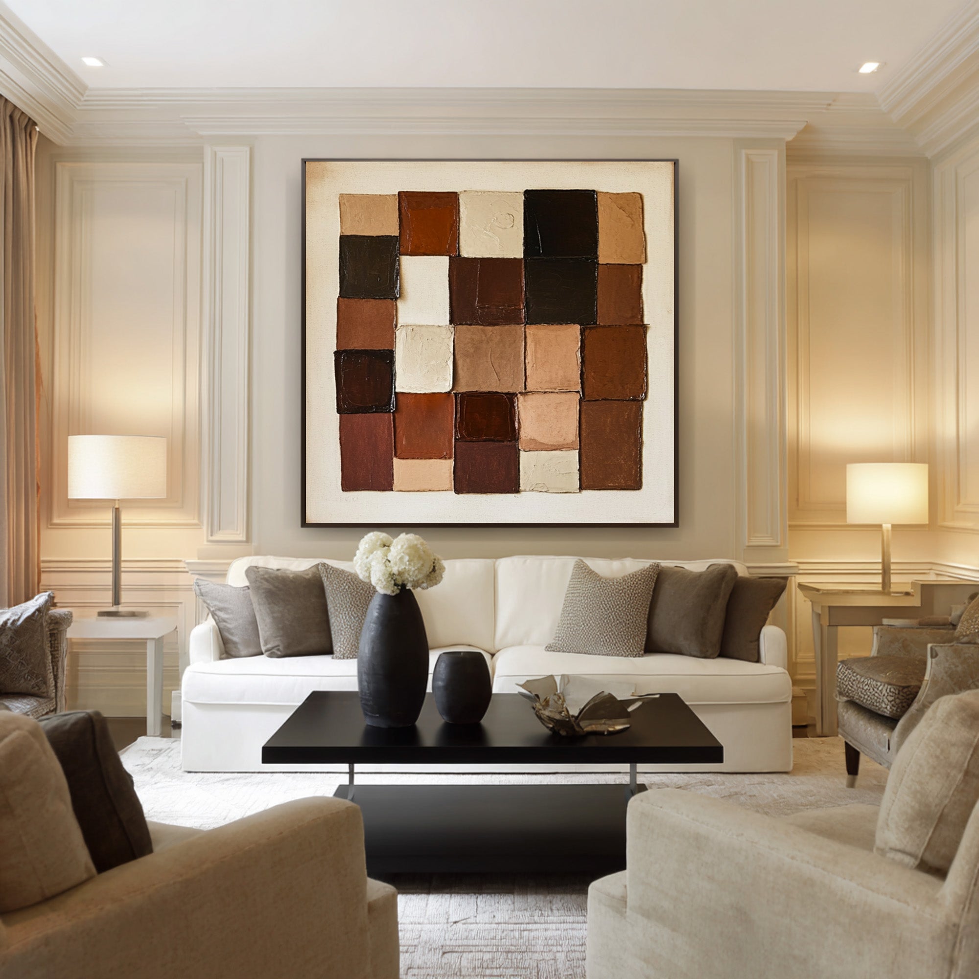 Large Geometric Block Abstract Oil Painting, Earth Tone Wall Art for Modern Entryway Decor #WAC 010