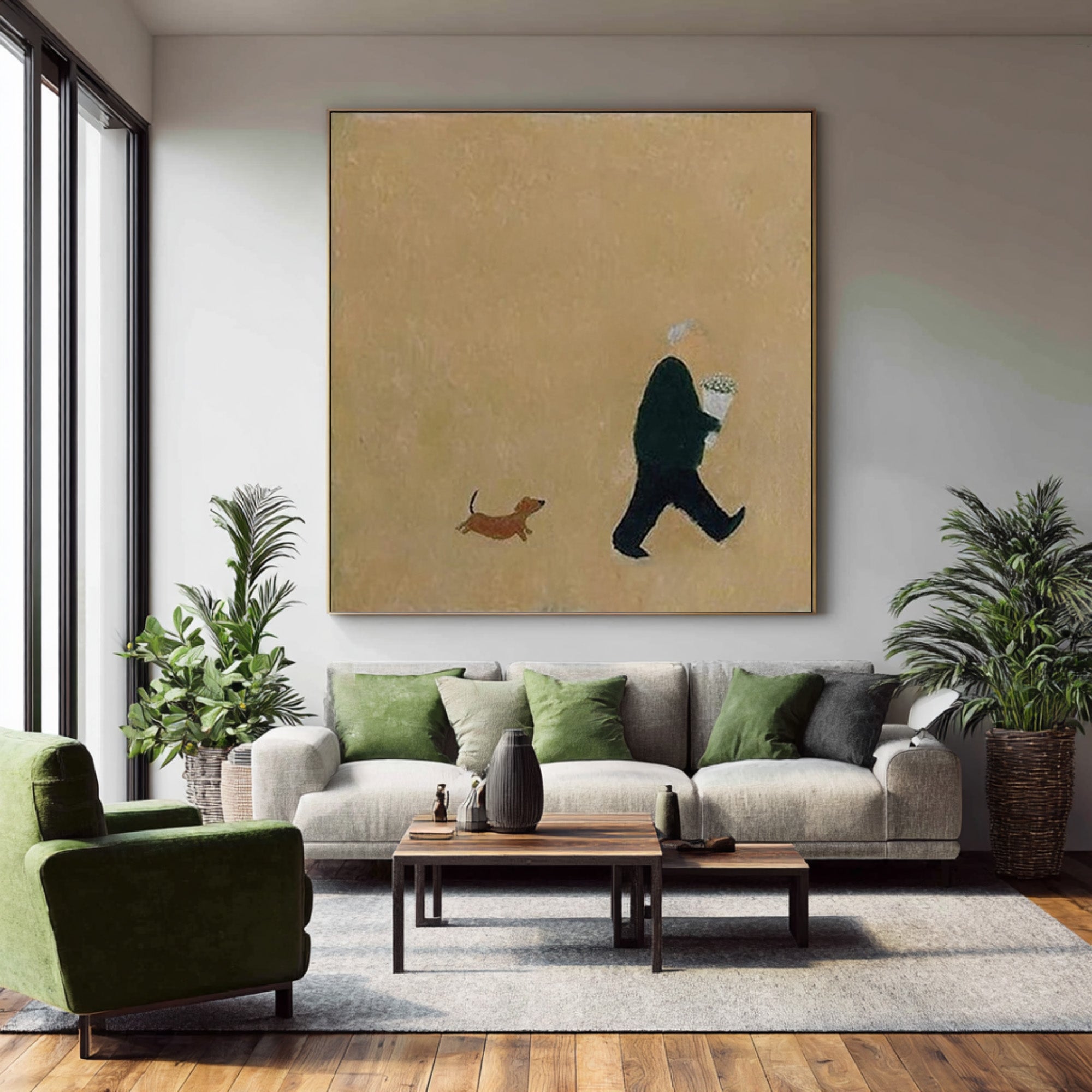 Large Minimalist Figure and Dog Abstract Oil Painting, Warm Modern Wall Art for Home Decor #WAC 015
