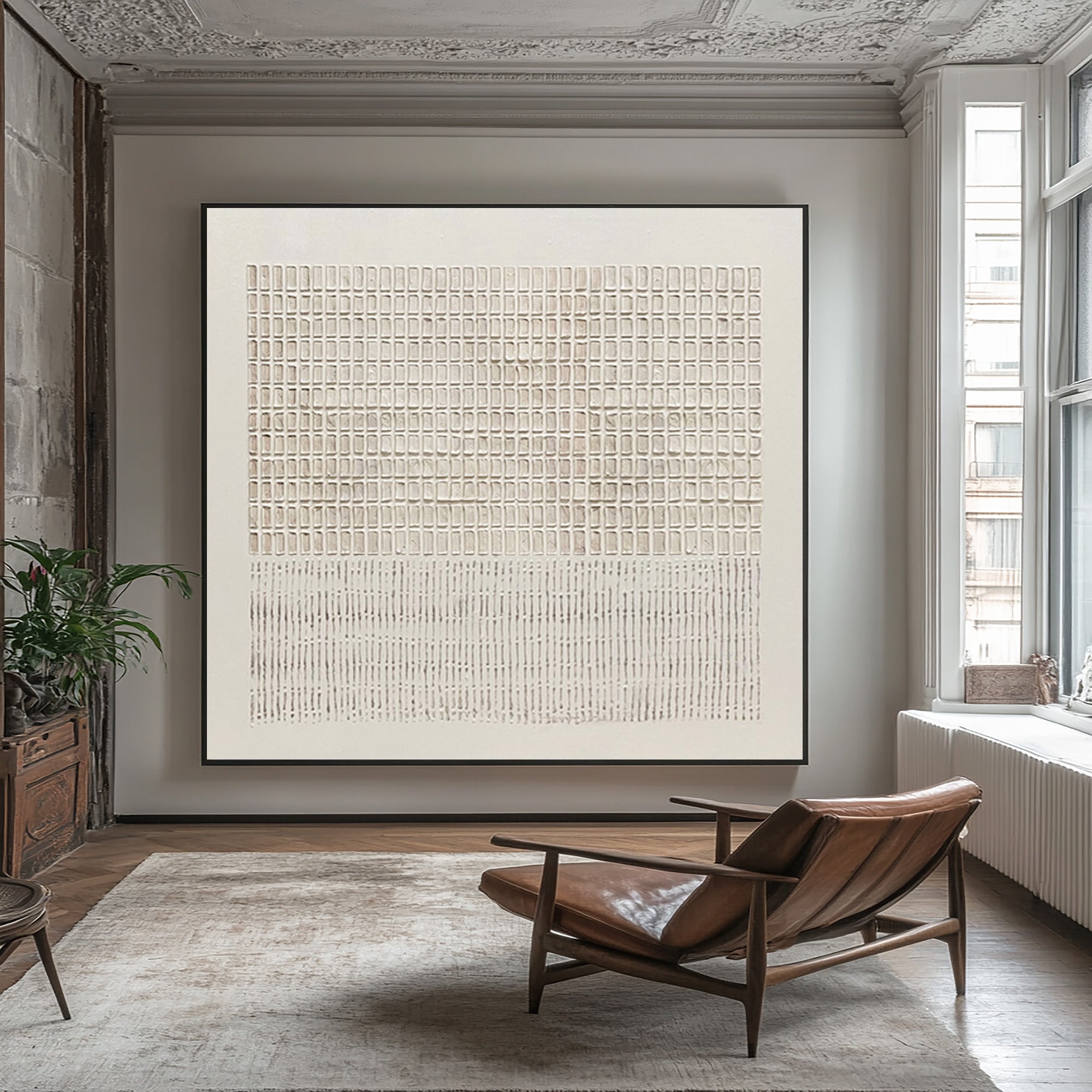 Large Modern Abstract Oil Painting, Beige Textured Grid Wall Art for Contemporary Interiors #WAC 018