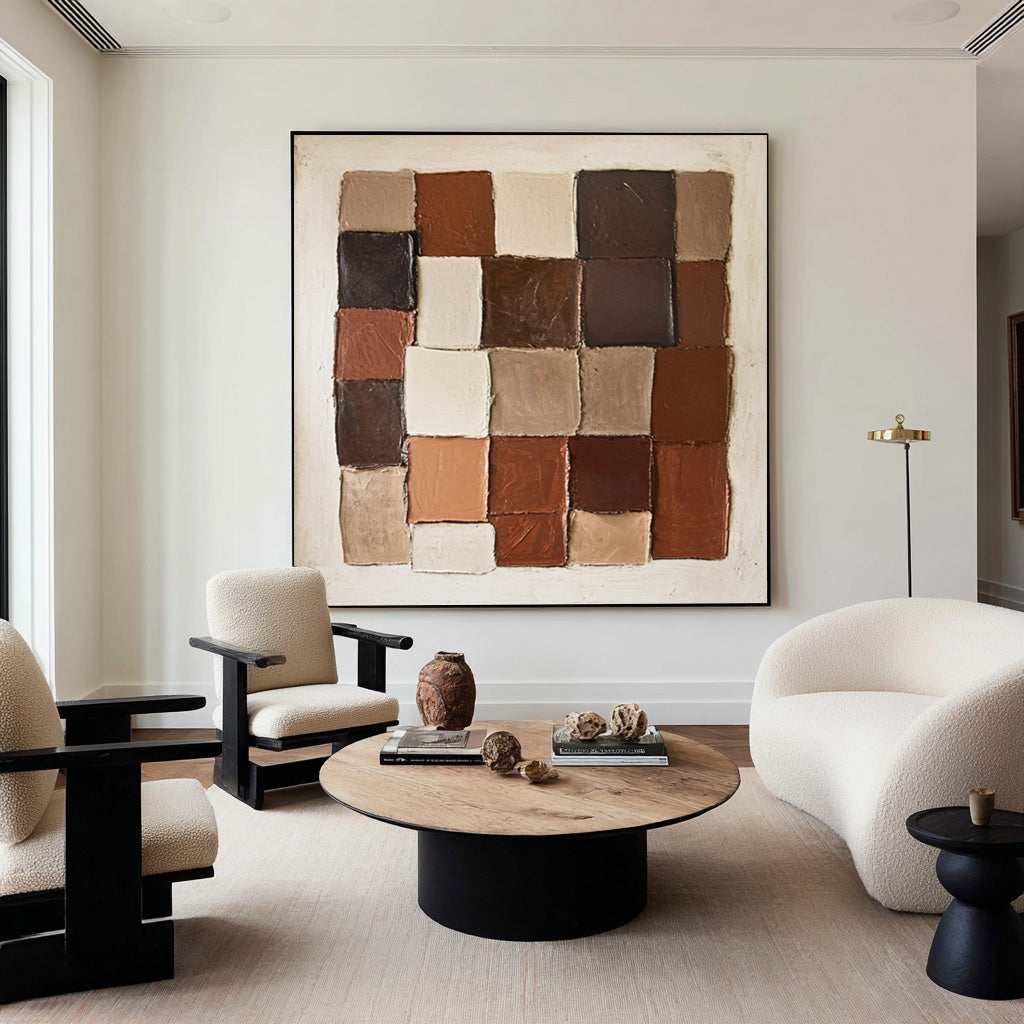 Large Modern Abstract Oil Painting, Earth-Tone Geometric Wall Art for Contemporary Interiors #WAC 008