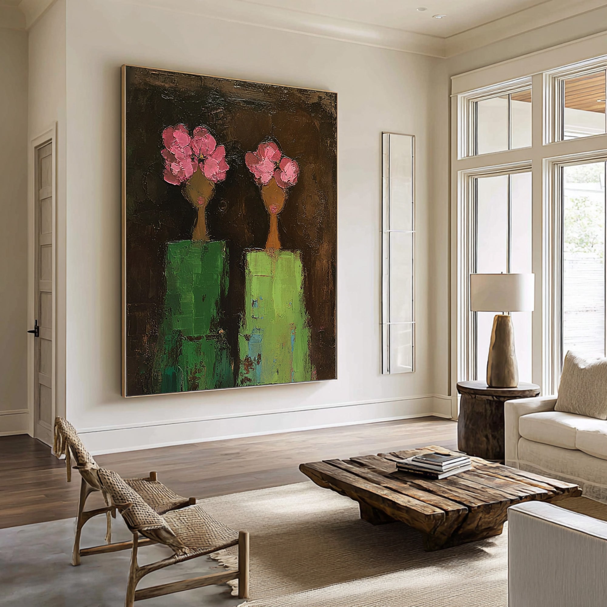 Large Modern Figurative Oil Painting on Canvas – Pink Floral Portrait Statement Wall Art #WAC 039