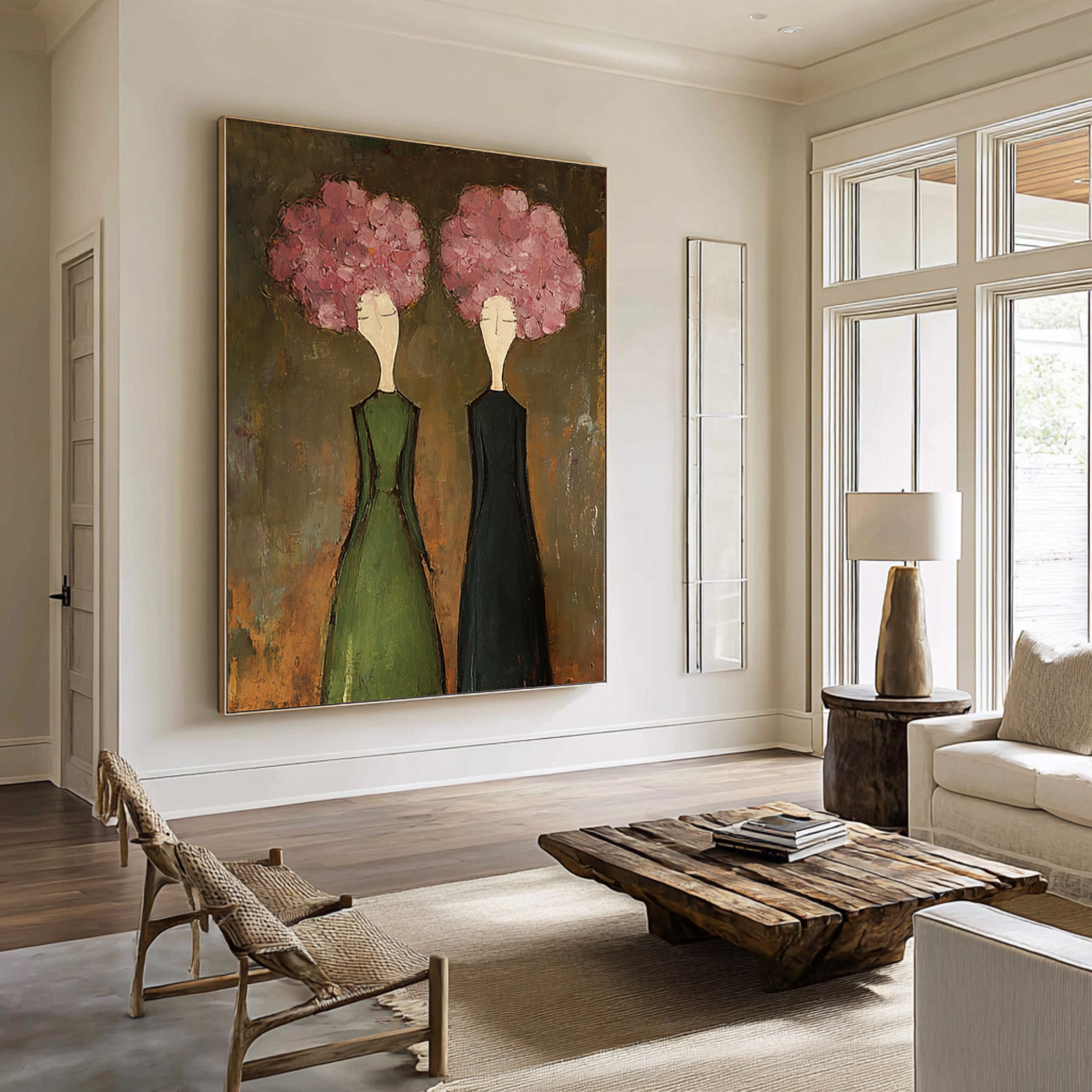 Large Modern Floral Portrait Oil Painting on Canvas – Green Dress Statement Wall Art #WAC 042