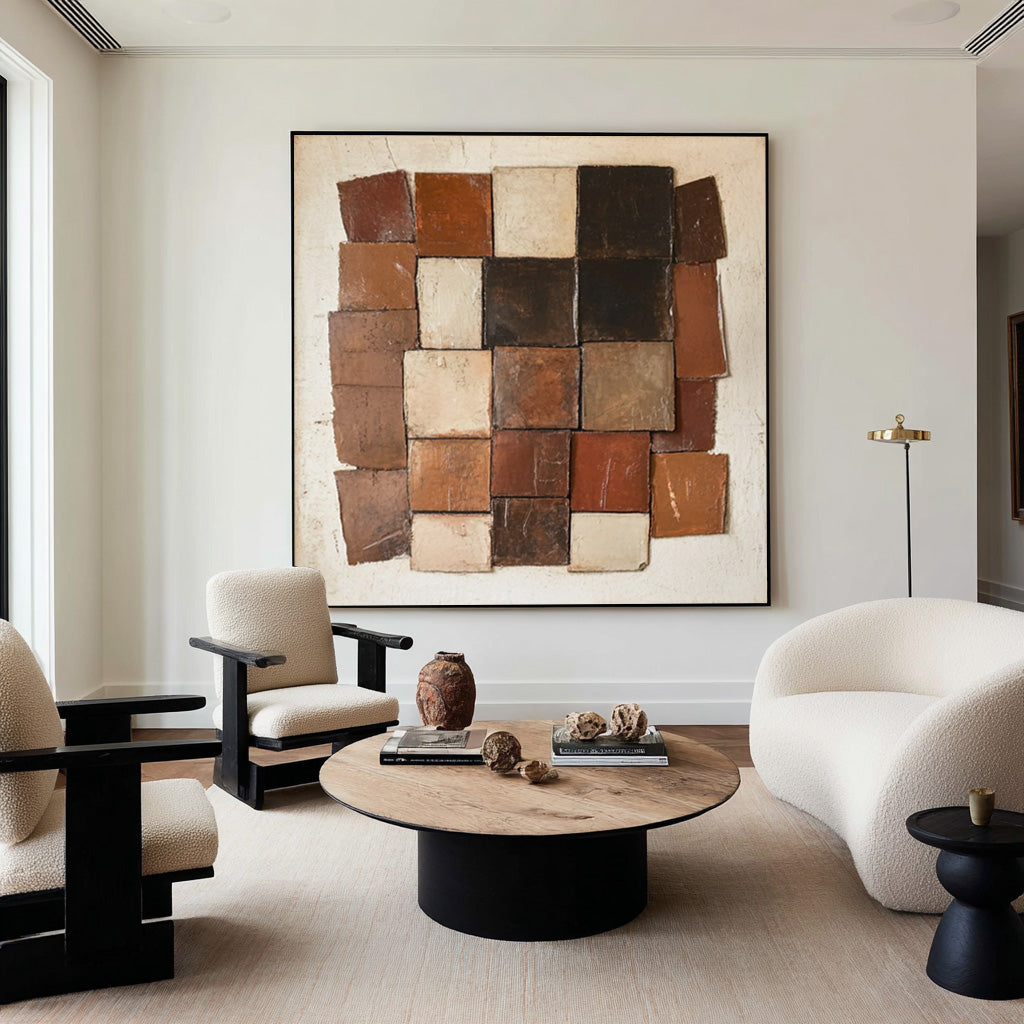 Large Textured Abstract Oil Painting in Earth Tones, Geometric Modern Wall Art for Living Room #WAC 007