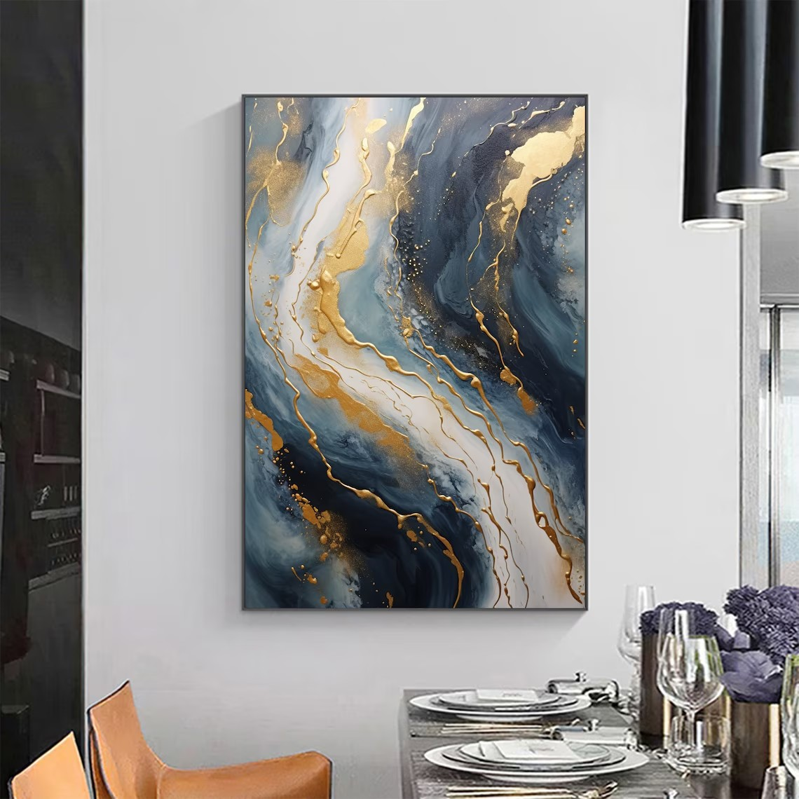 Elegant Flow Abstract Wall Art in Blue and Gold #BGA 056