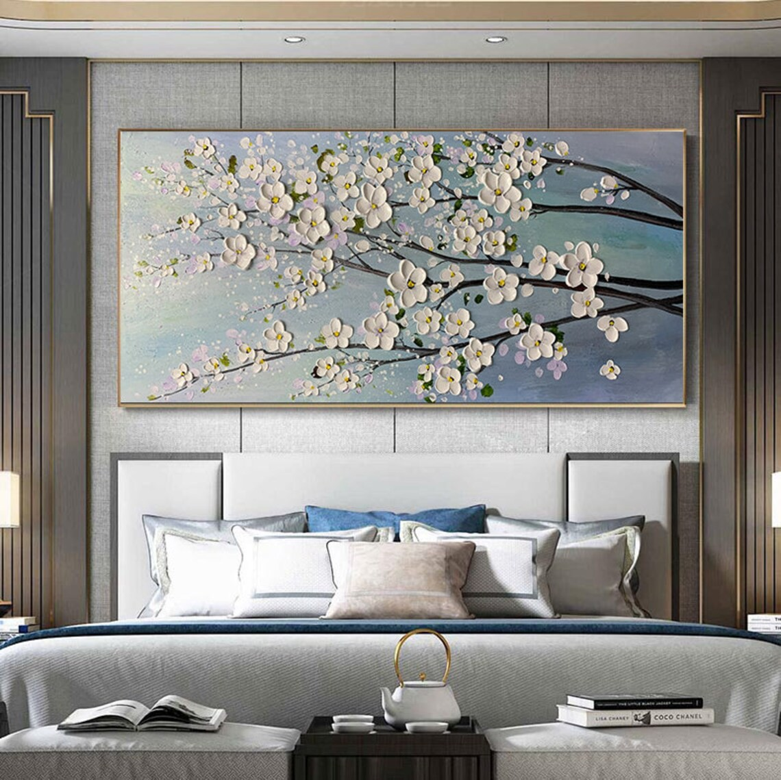 Modern Floral Wall Art with White Blossoms #BGA 048