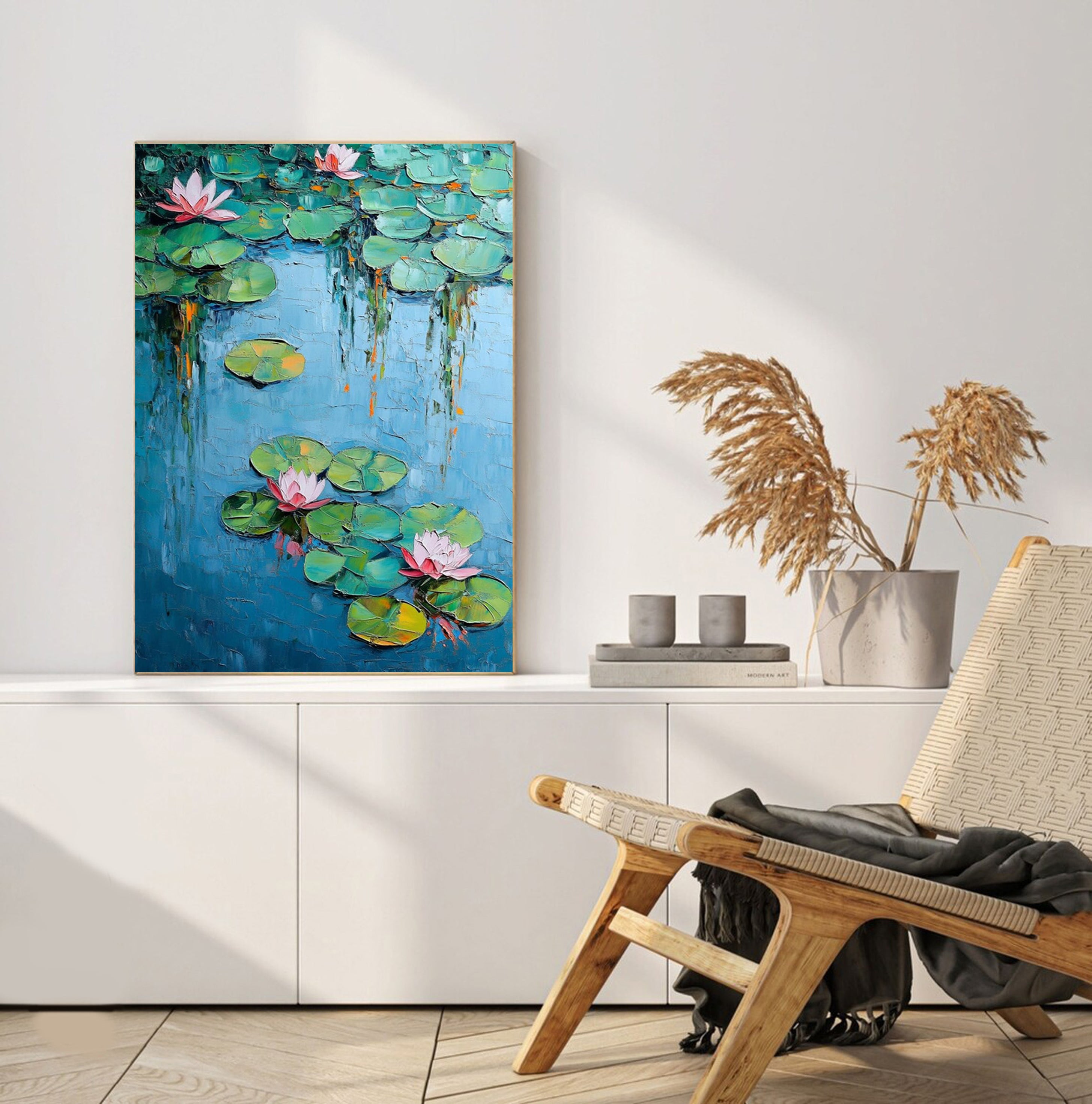 Pink and White Water Lilies, Contemporary Floral Wall Art #BGA 085