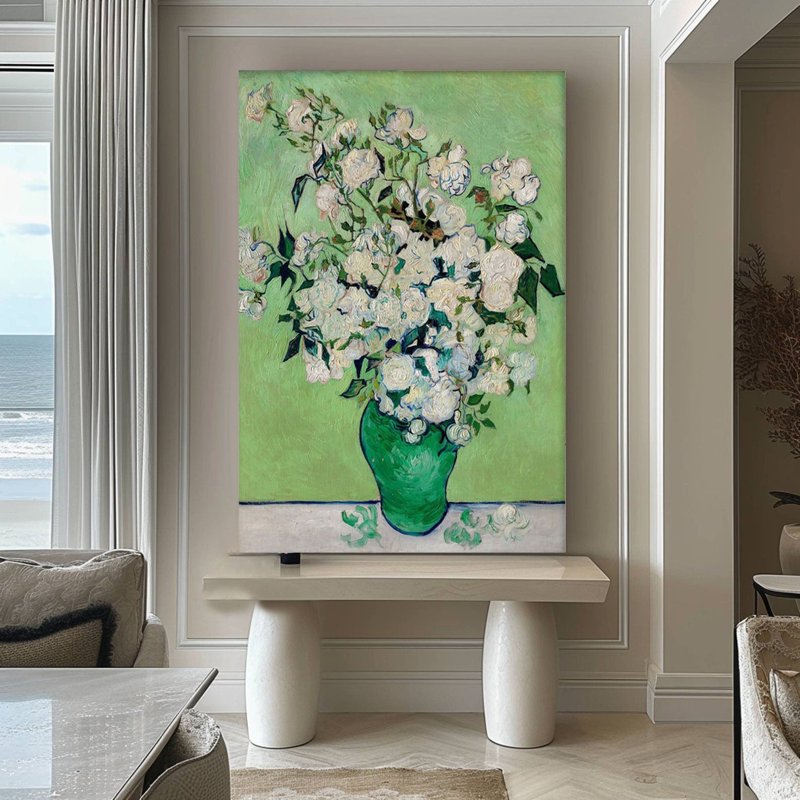 White Roses in Green, Modern Post-Impressionism Wall Art #BGA 078