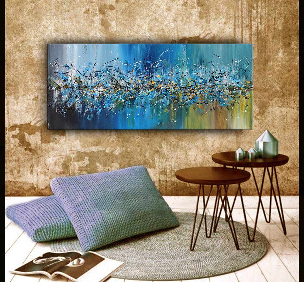 Blue Splatter Abstract Wall Art in the Style of Jackson Pollock #CWA 006