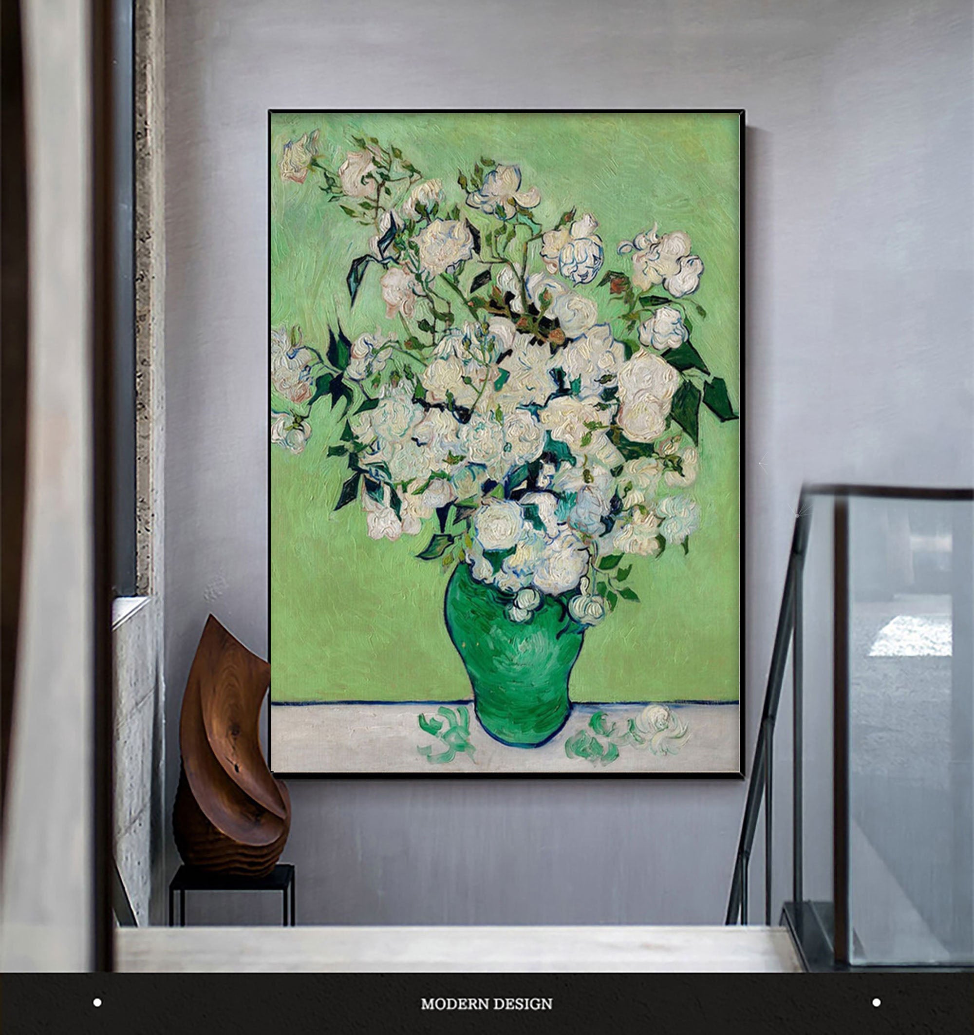 White Roses in Green, Modern Post-Impressionism Wall Art #BGA 078