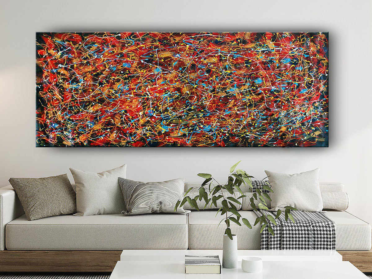 Bold Red and Black Abstract Jackson Pollock-Inspired Wall Art #CWA 008