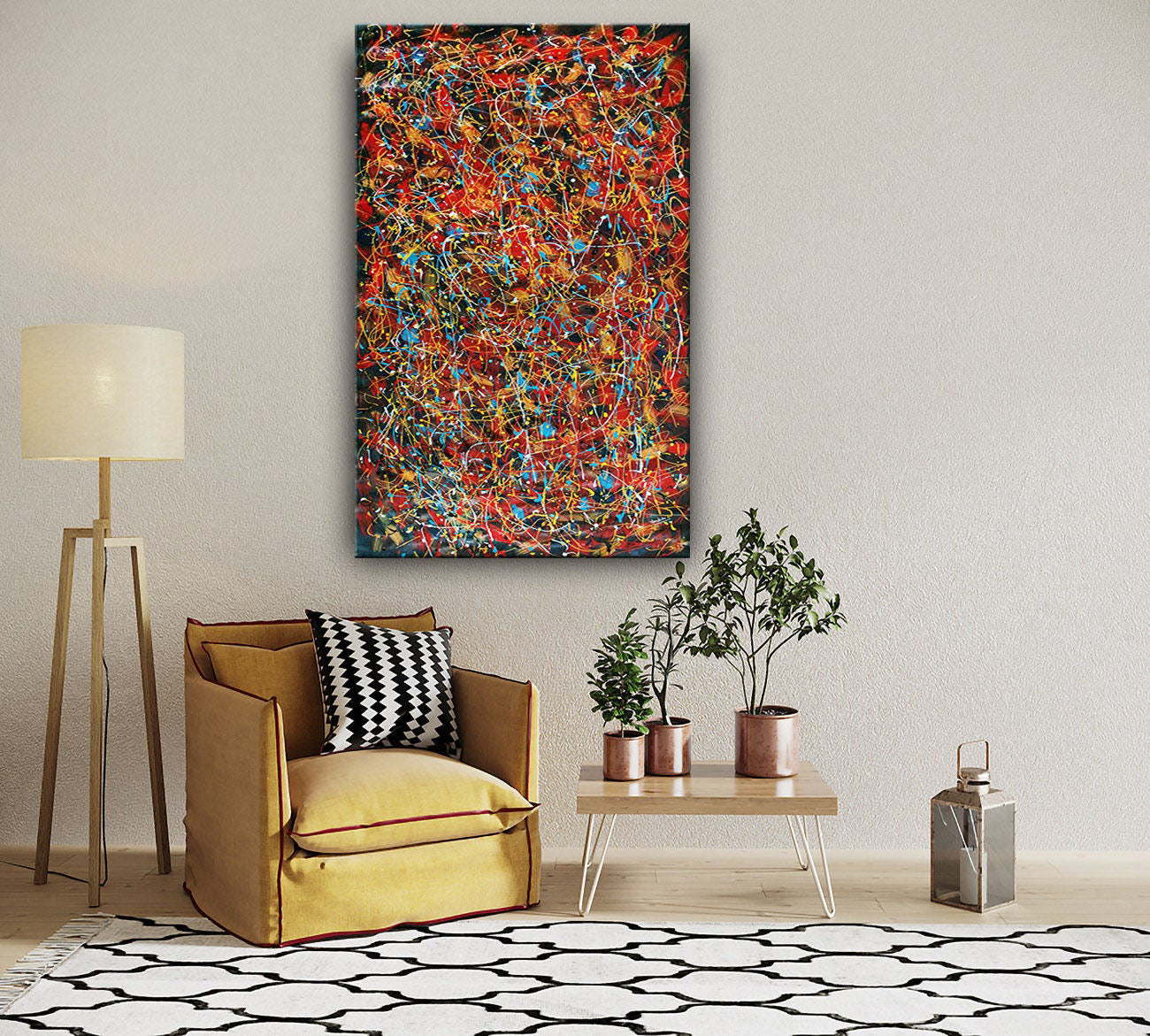 Bold Red and Black Abstract Jackson Pollock-Inspired Wall Art #CWA 008