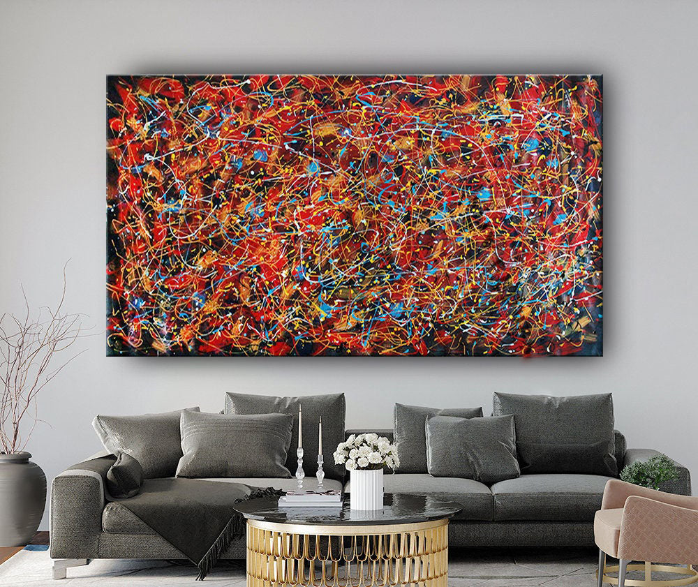 Bold Red and Black Abstract Jackson Pollock-Inspired Wall Art #CWA 008