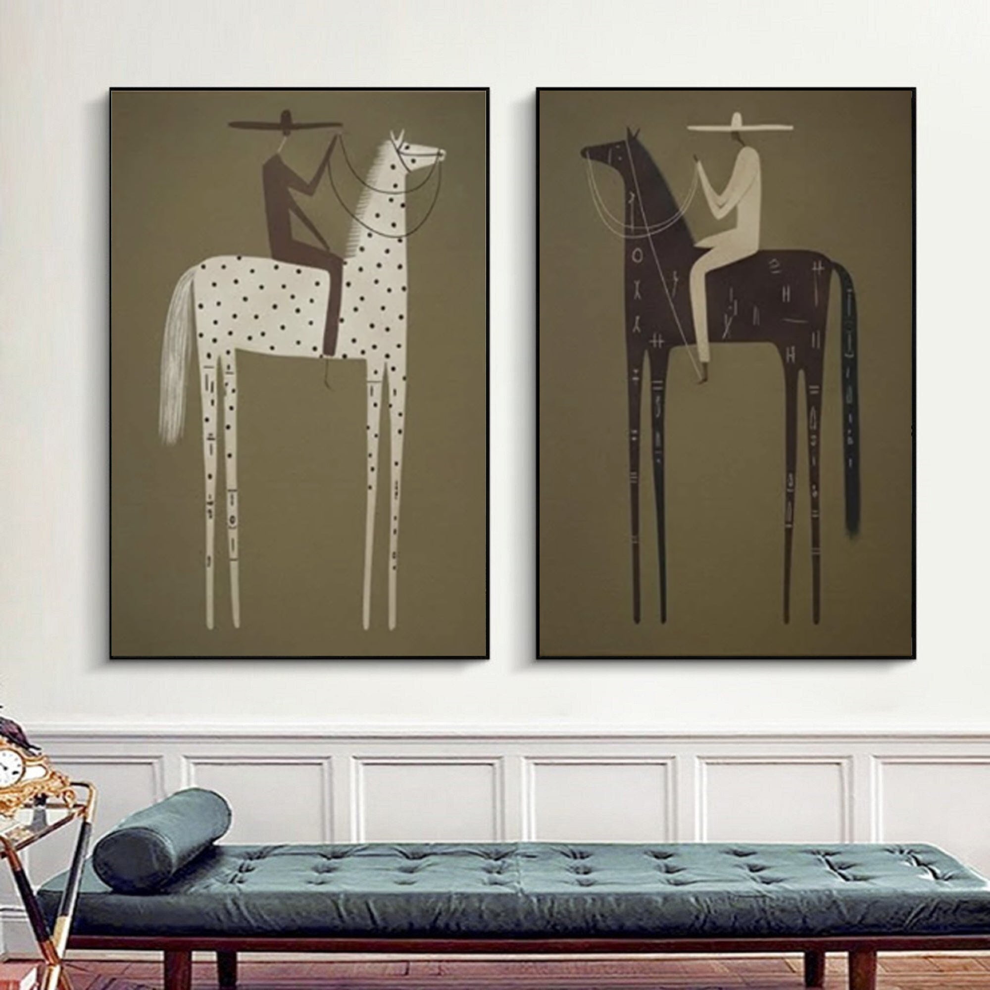 Large Tribal Horse Wall Art Contemporary Equestrian Diptych Painting