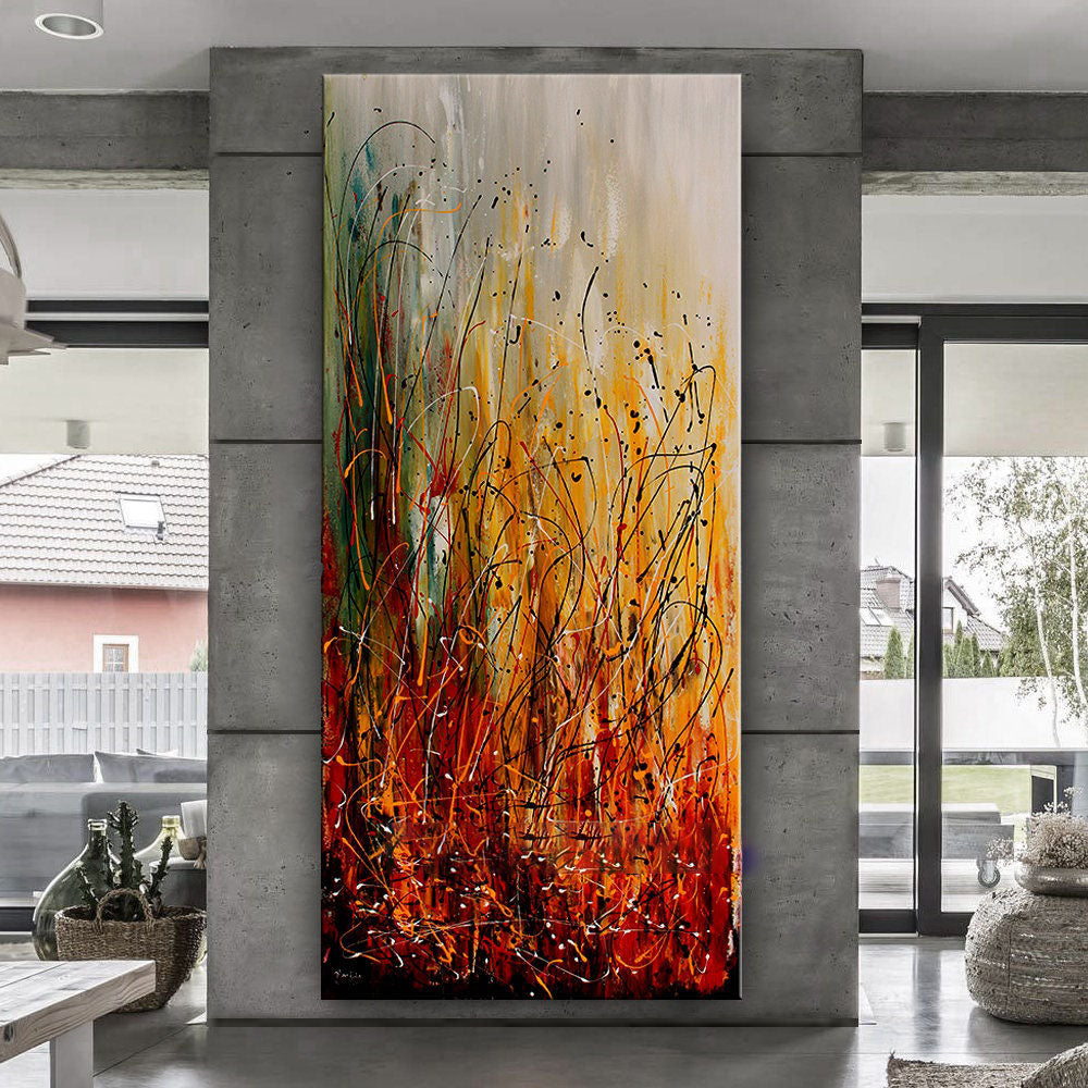 Orange Red Abstract Art – Large Canvas Art Jackson Pollock Style #CWA 004