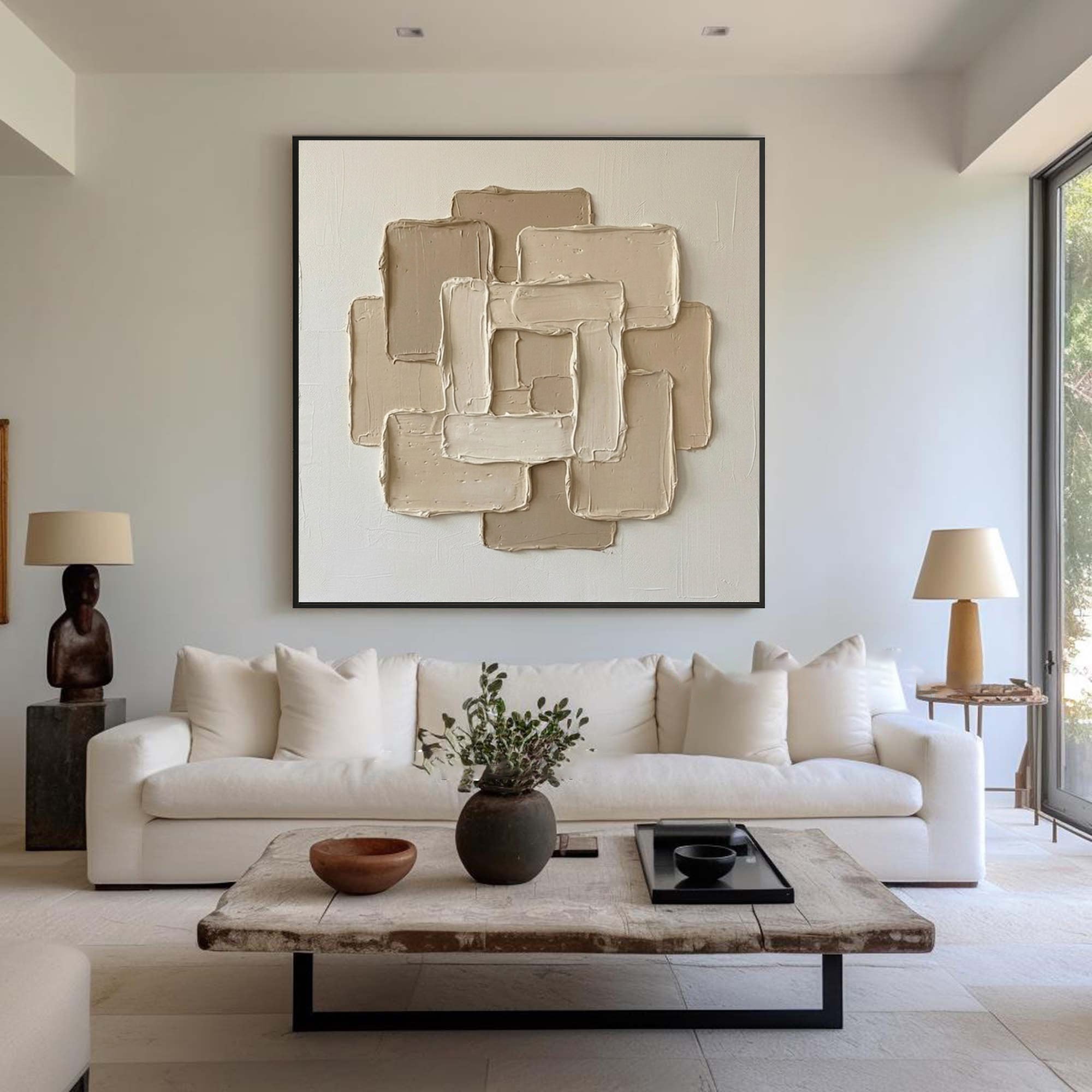 Large Textured Canvas Oil Painting – Minimalist Beige Wall Artwork
