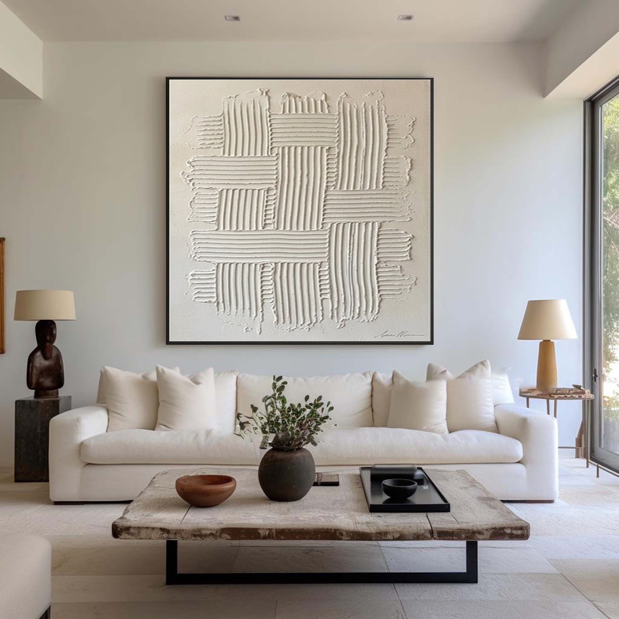 Large Woven Texture Wall Art Hand Painted Neutral Abstract Canvas