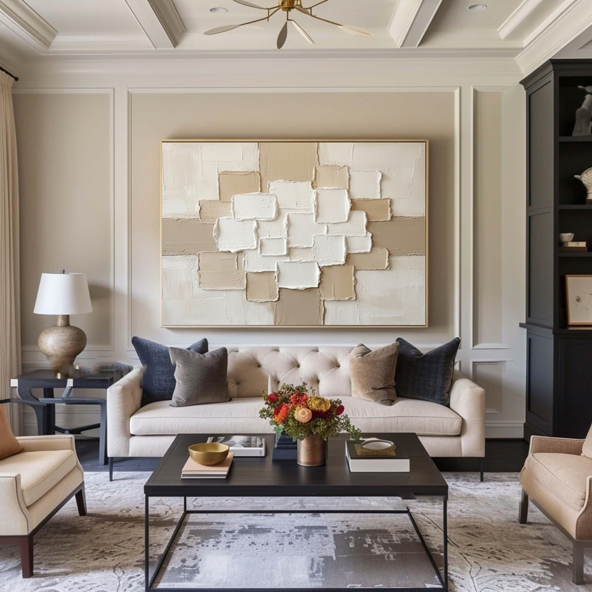 Large Beige Geometric Texture Painting Contemporary Neutral Wall Decor