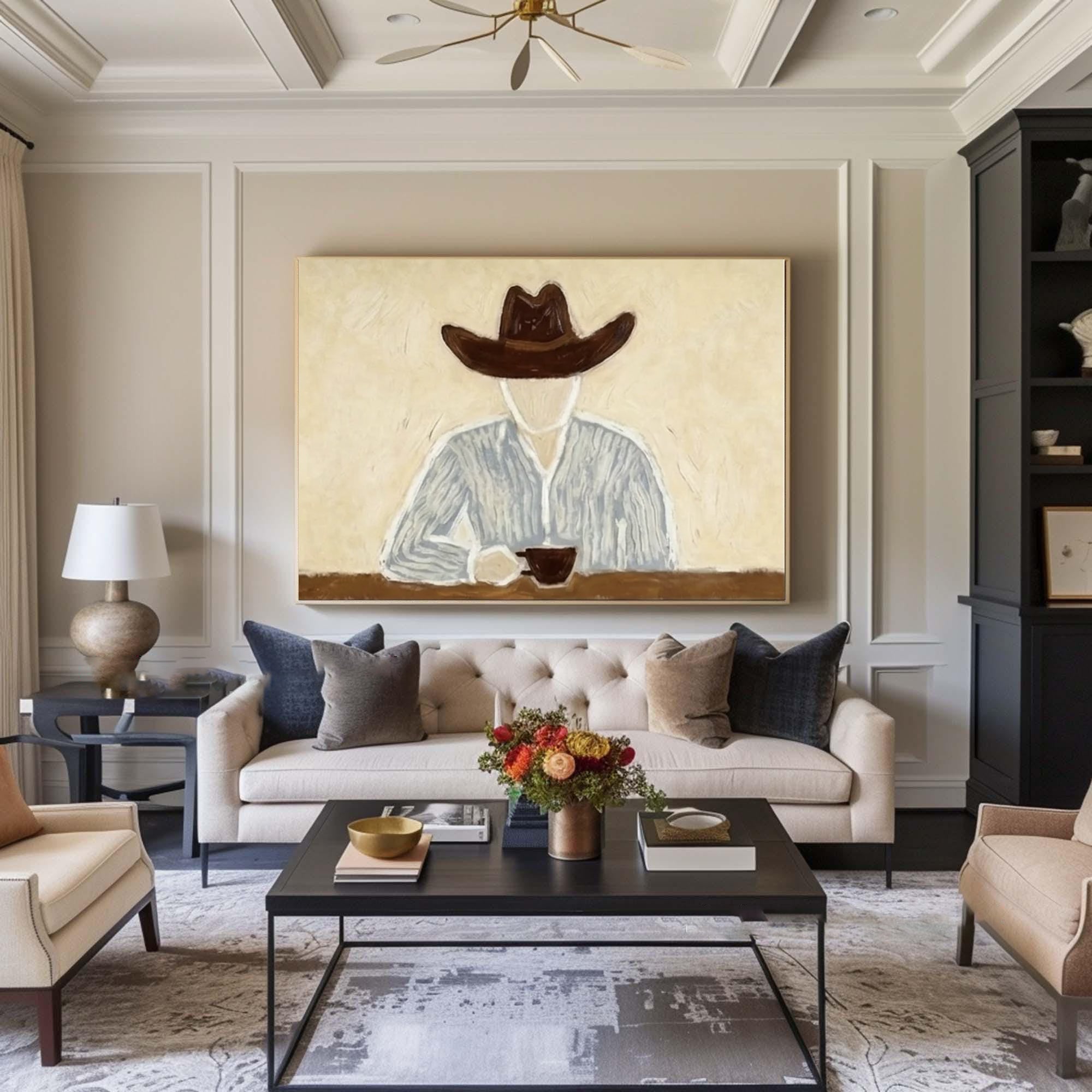 Large Cowboy Coffee Painting Modern Western Wall Art