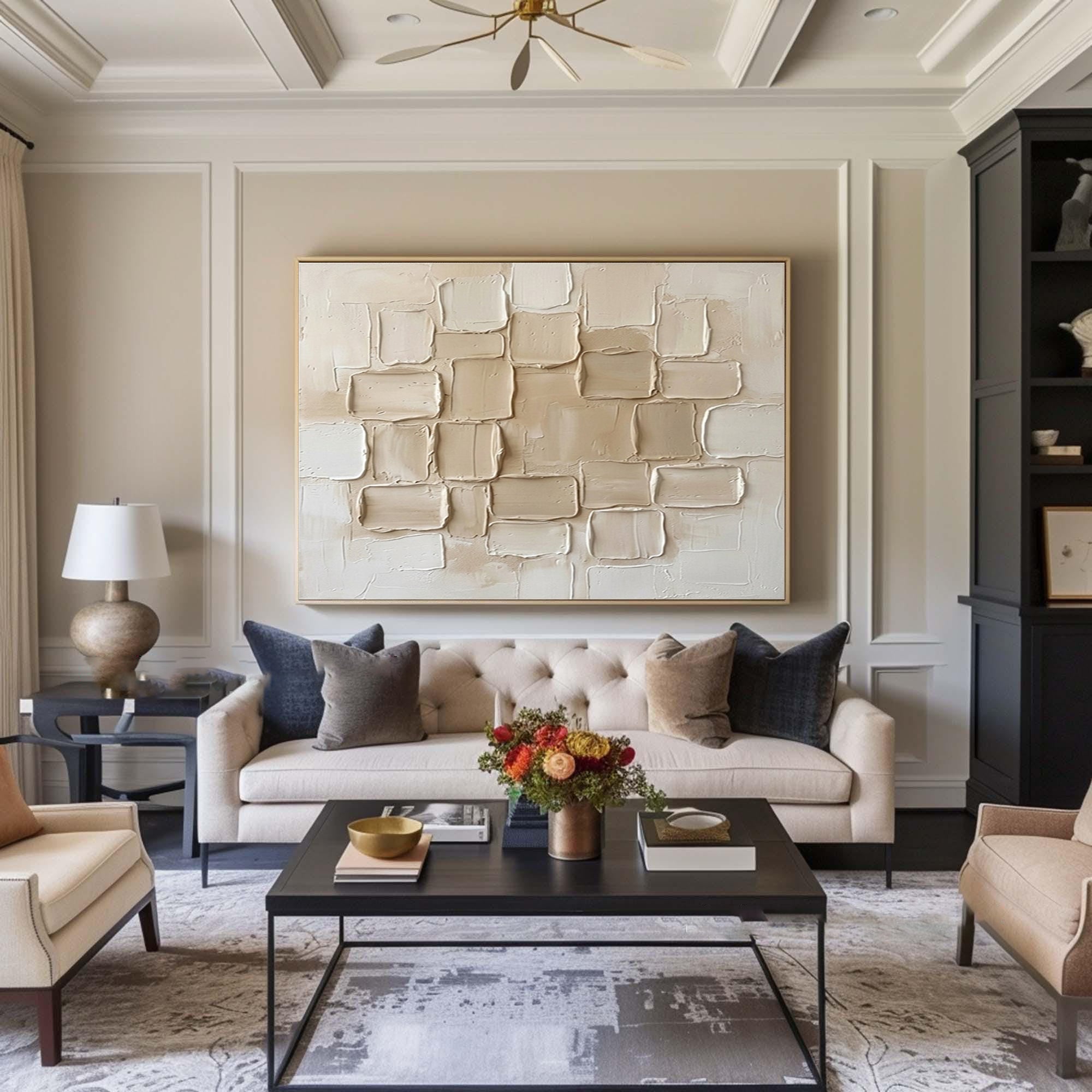 Large Neutral Textured Blocks Wall Art Modern Abstract Canvas Decor