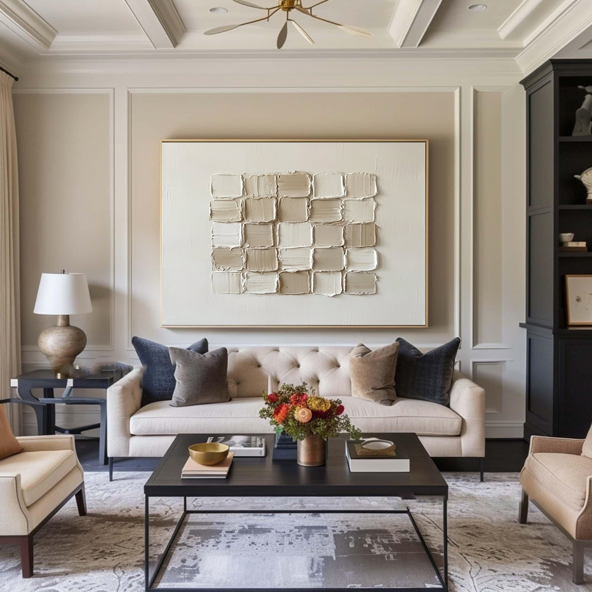 Large Beige Geometric Texture Wall Art Hand Painted Modern Canvas