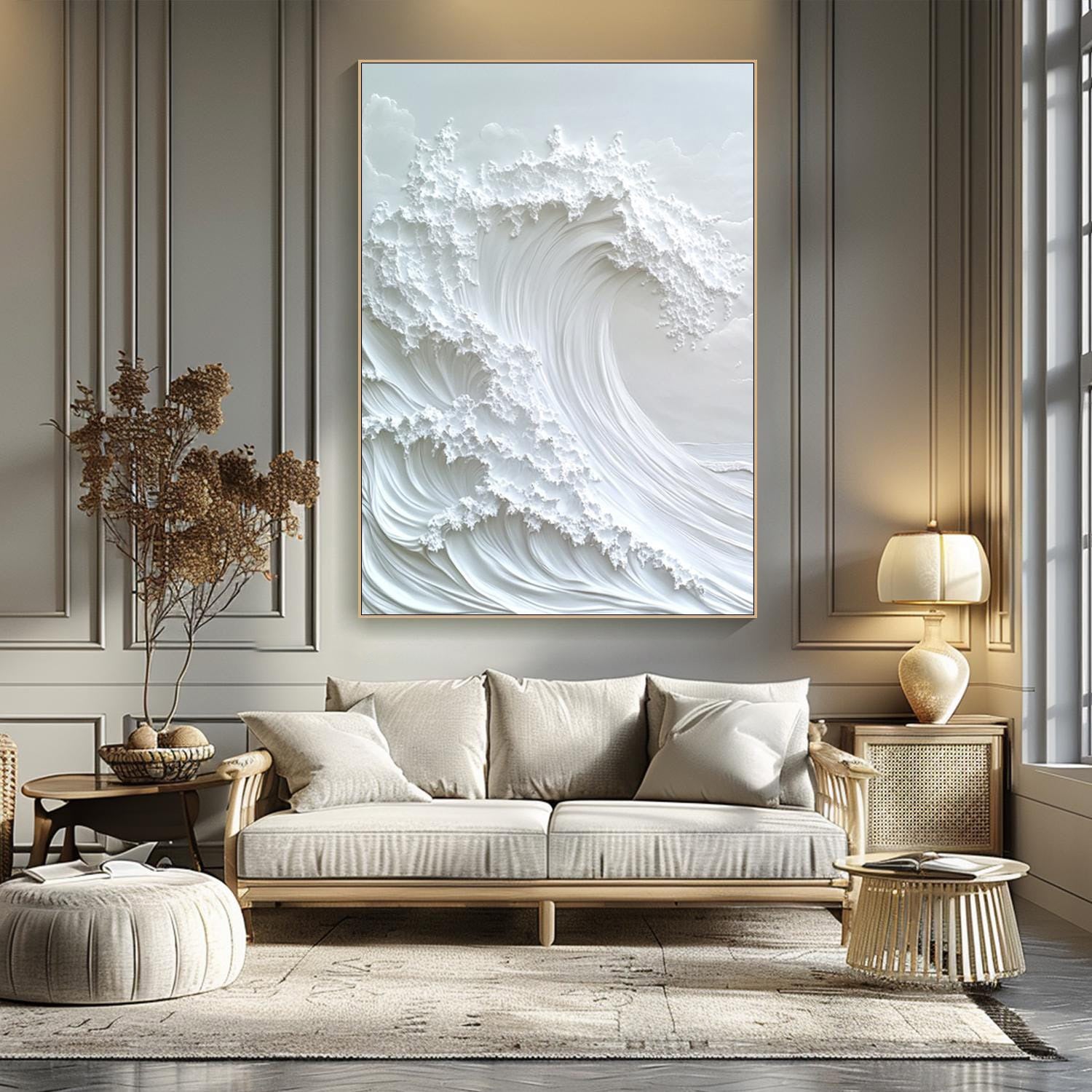 Ocean Whisper Elegant White Wave Canvas for Minimalist Decor #OP 015