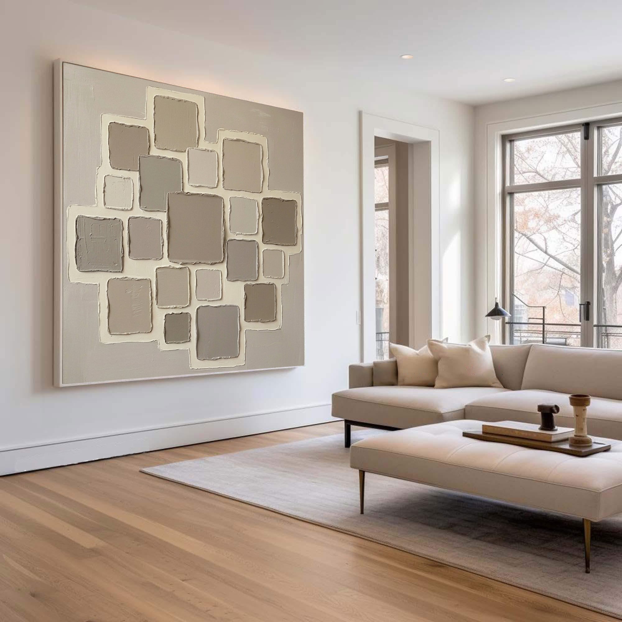Large Neutral Geometric Oil Painting – Minimalist Beige Texture Wall Art