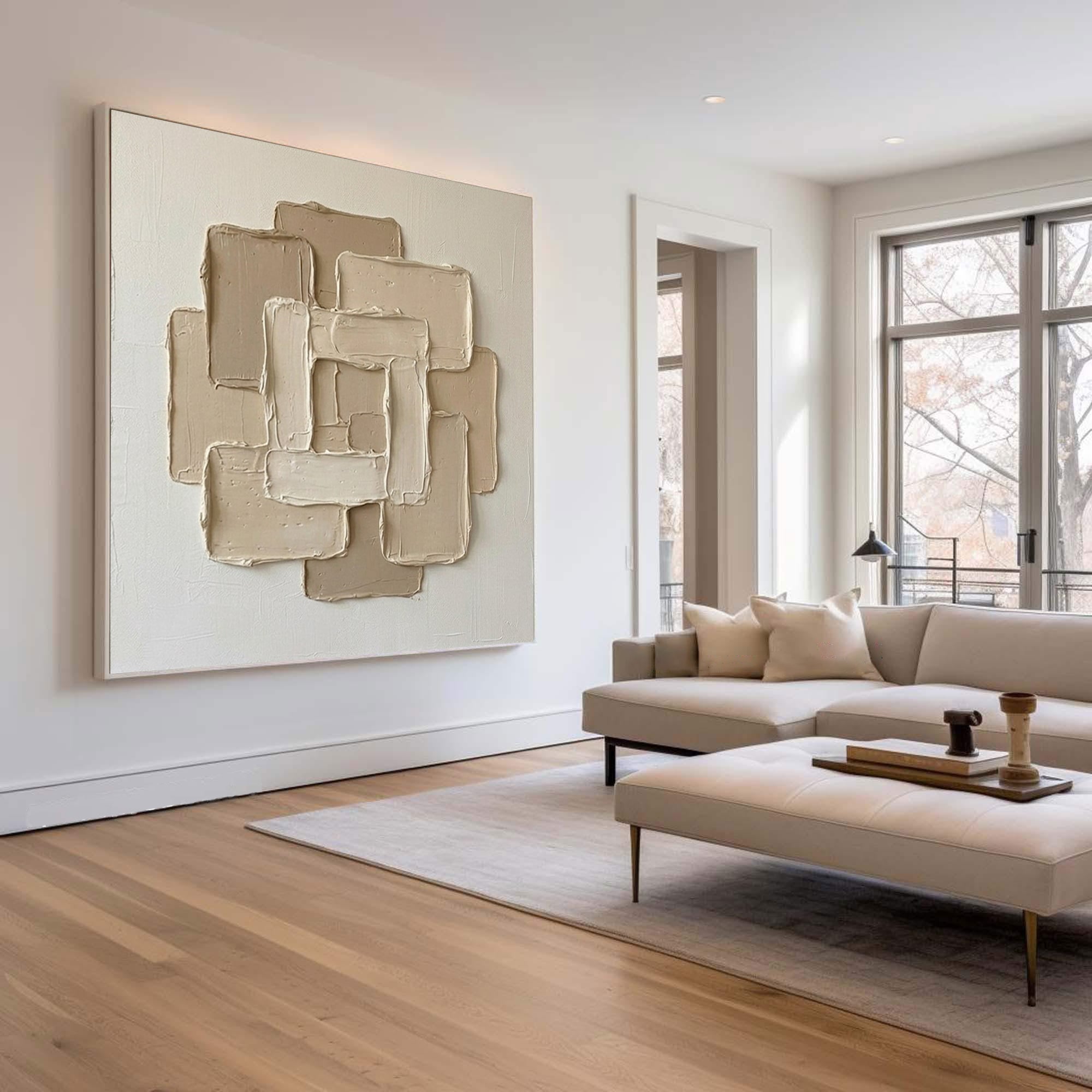Large Textured Canvas Oil Painting – Minimalist Beige Wall Artwork